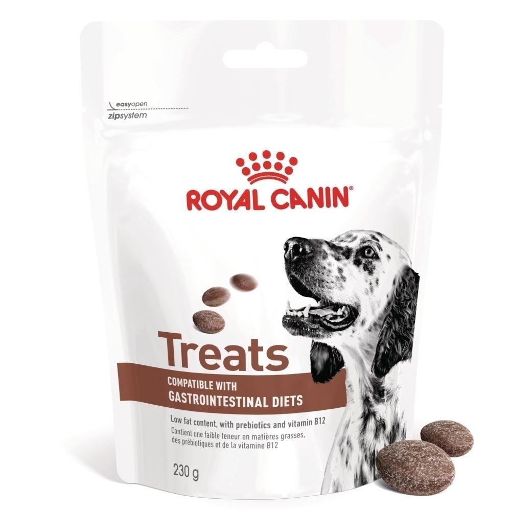 Royal Canin Hundeleckerlis für Magen-Darm-Diäten, 230g Beutel mit Hundegesicht und Leckerlis.
