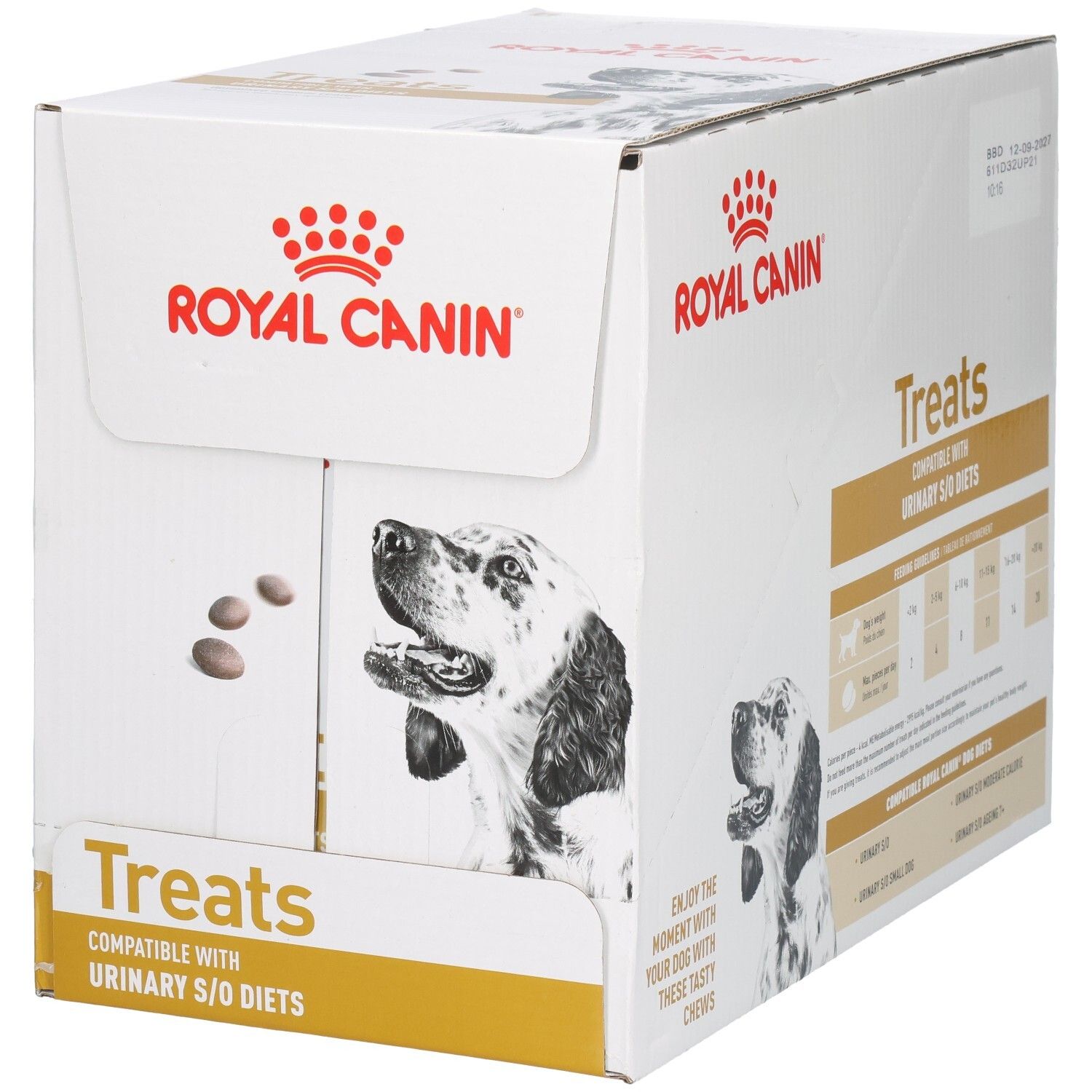 Royal Canin Treats Karton mit Hundebild und Produktinformationen.