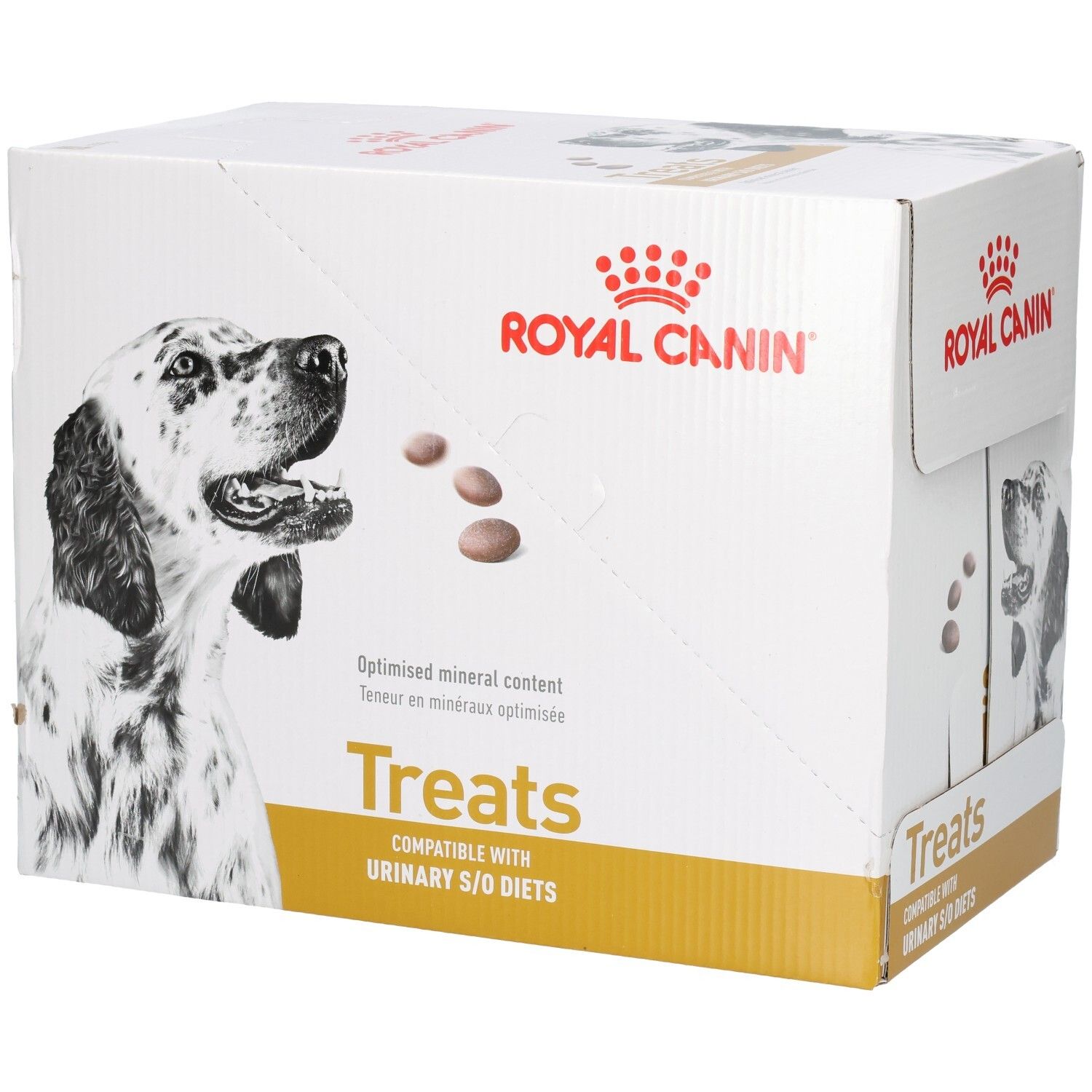 Royal Canin Treats Karton mit Hundebild, optimiertem Mineralgehalt und Produktinformationen.