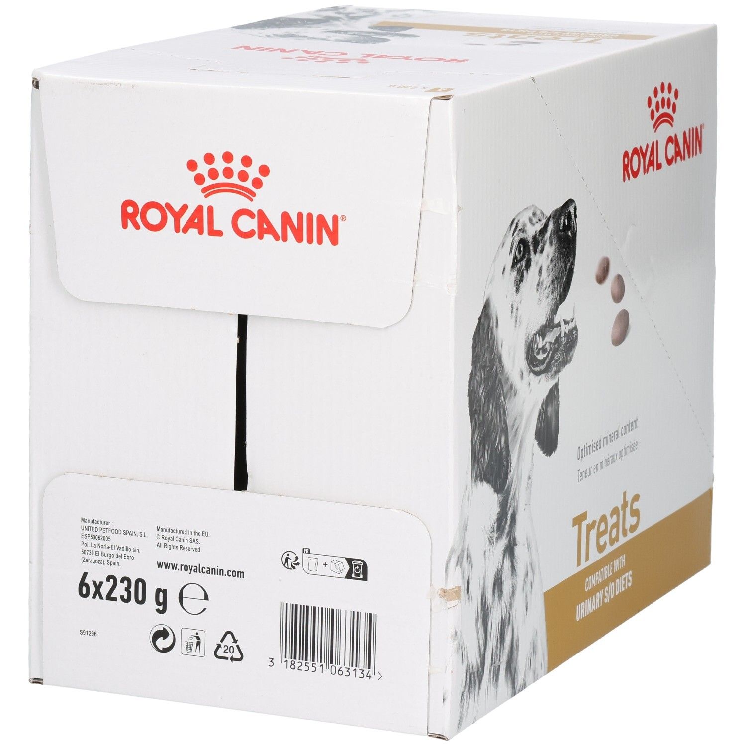 Royal Canin Treats Karton, 6x230g, mit Hundebild und Produktinformationen.