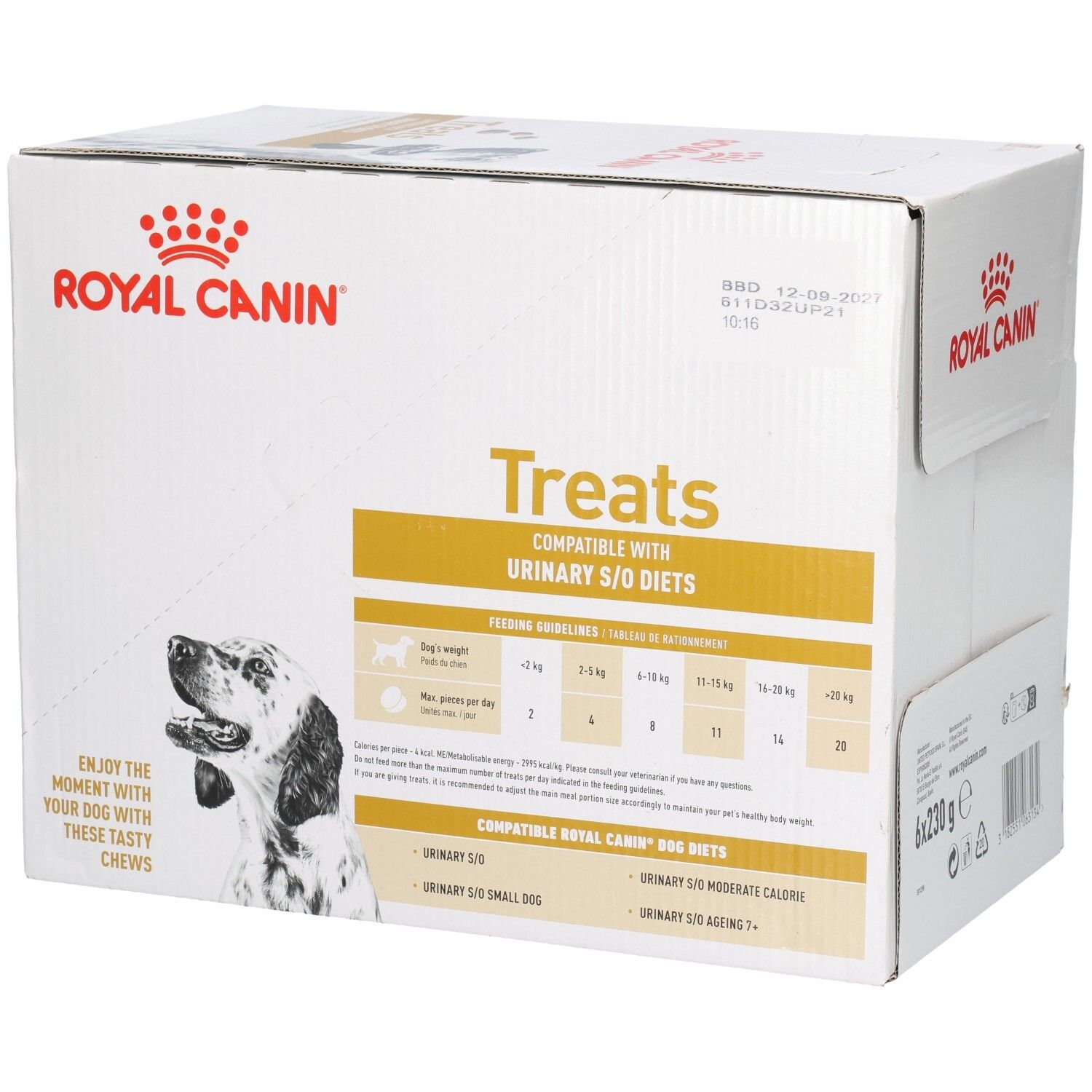 Royal Canin Treats Karton mit Fütterungsempfehlungen und Produktinformationen.