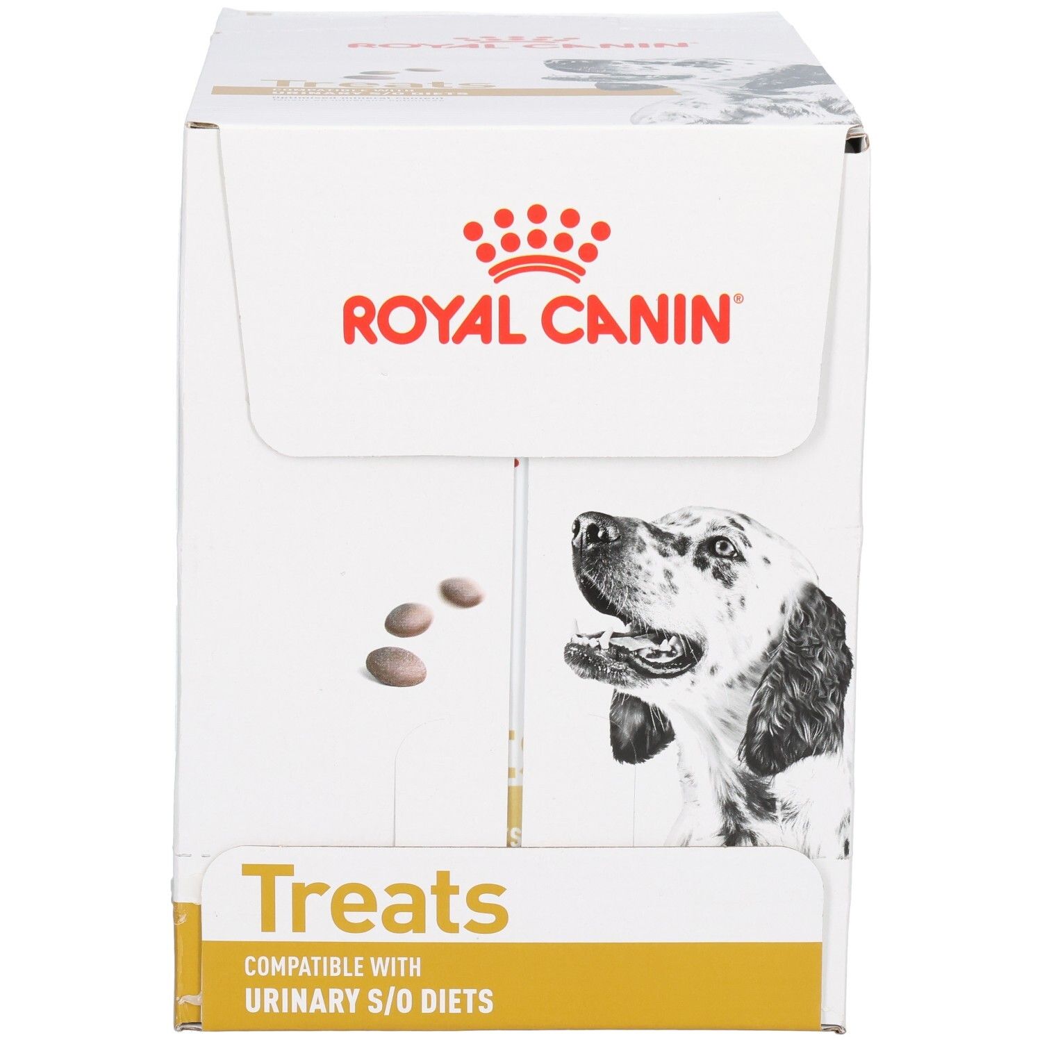Royal Canin Treats Karton mit Hundebild, Fütterungsempfehlungen und Produktinformationen.