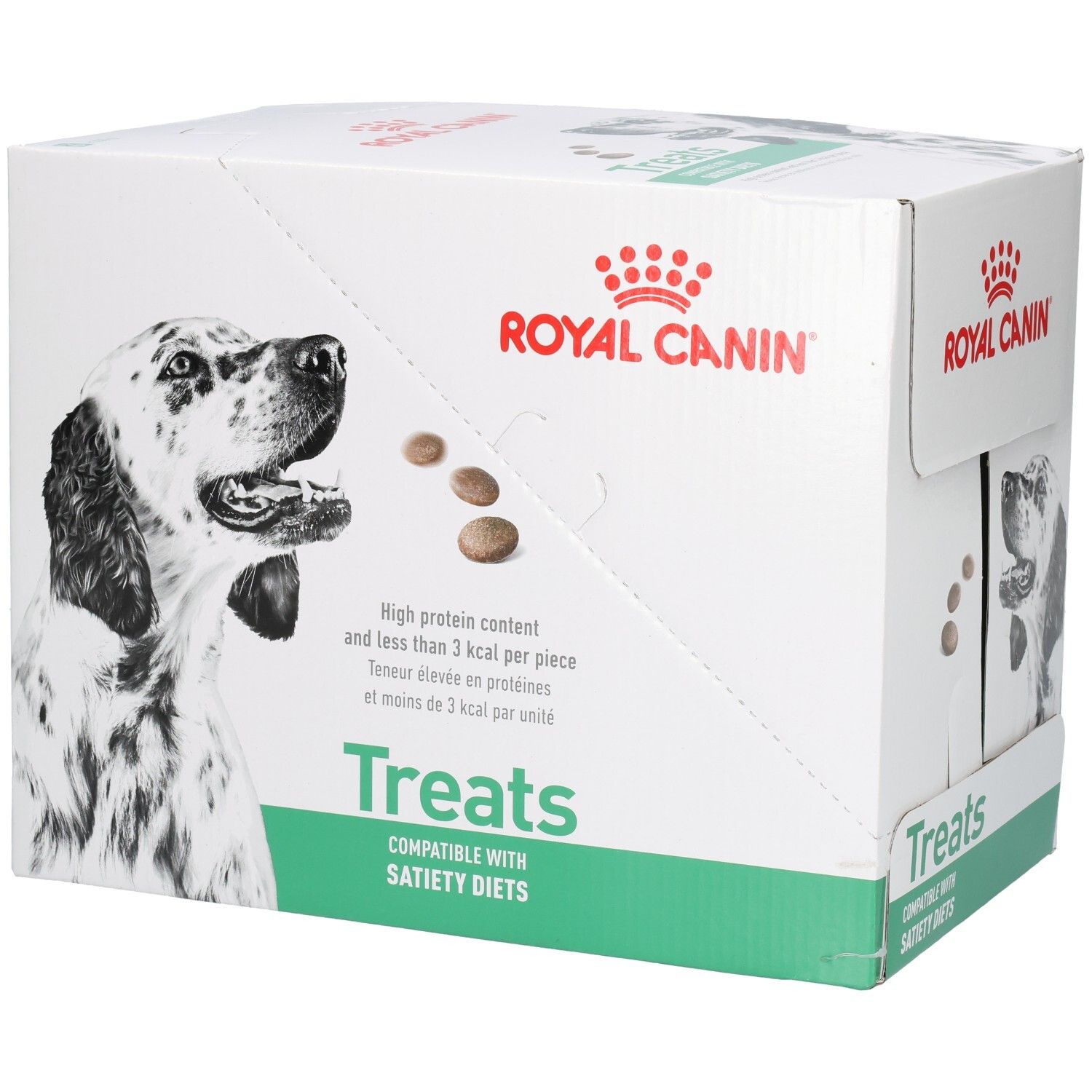 Royal Canin VET-D Treats Satiety Karton mit Hundebild, Nährwertangaben und Produktinformationen.