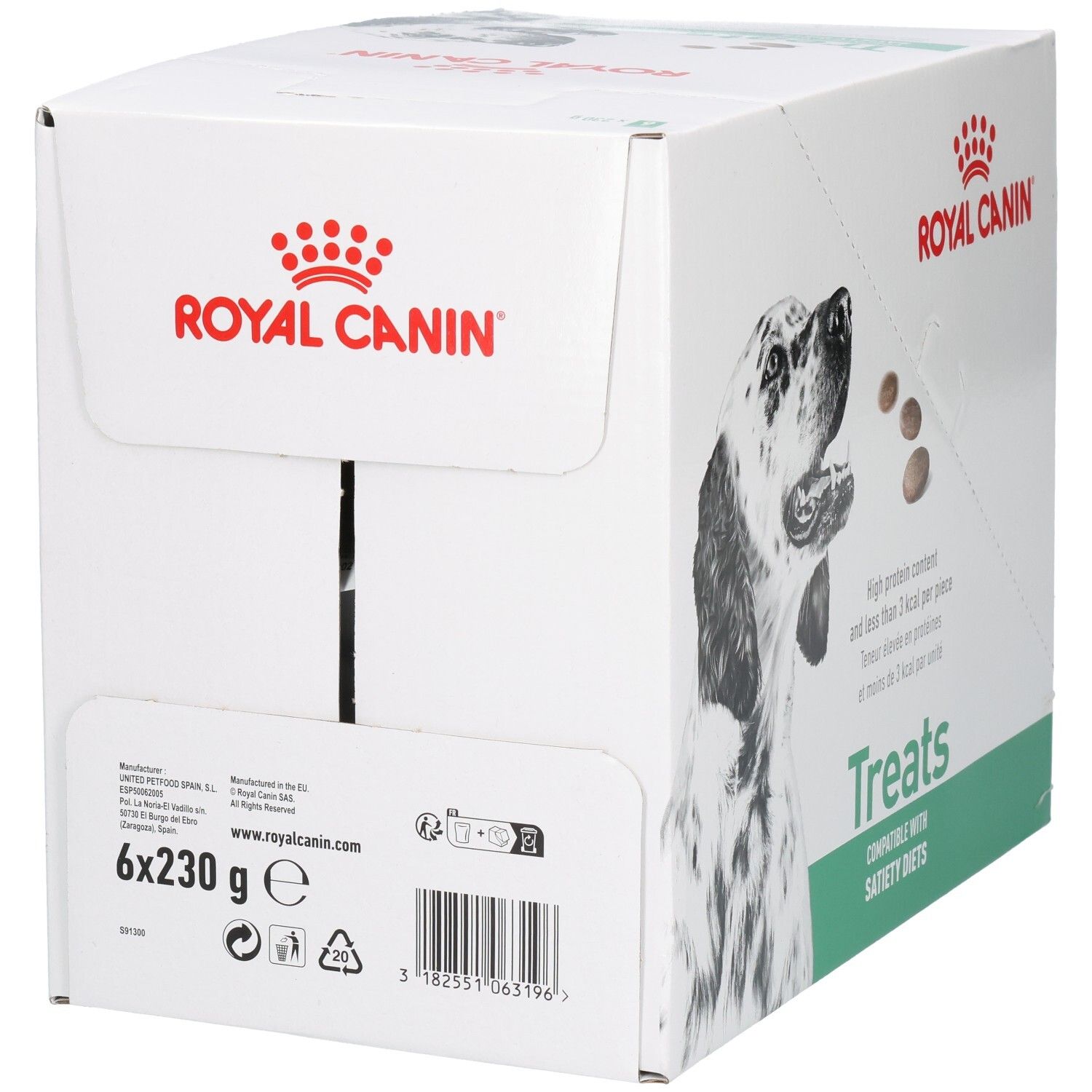 Royal Canin VET-D Treats Satiety Karton mit 6x230g Angabe, Barcode und Produktinformationen.