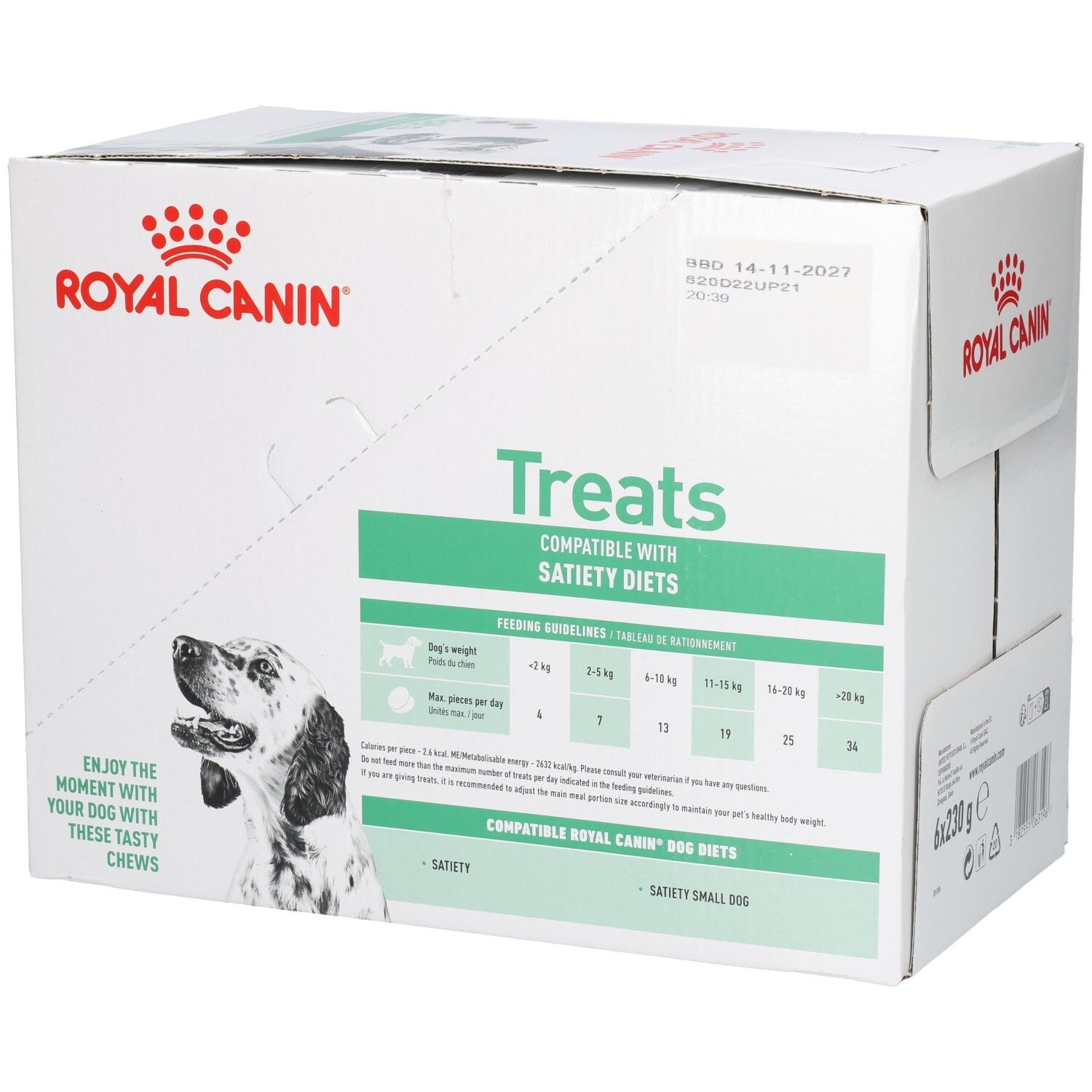 Royal Canin VET-D Treats Satiety Karton mit Fütterungsempfehlungen und Produktinformationen.