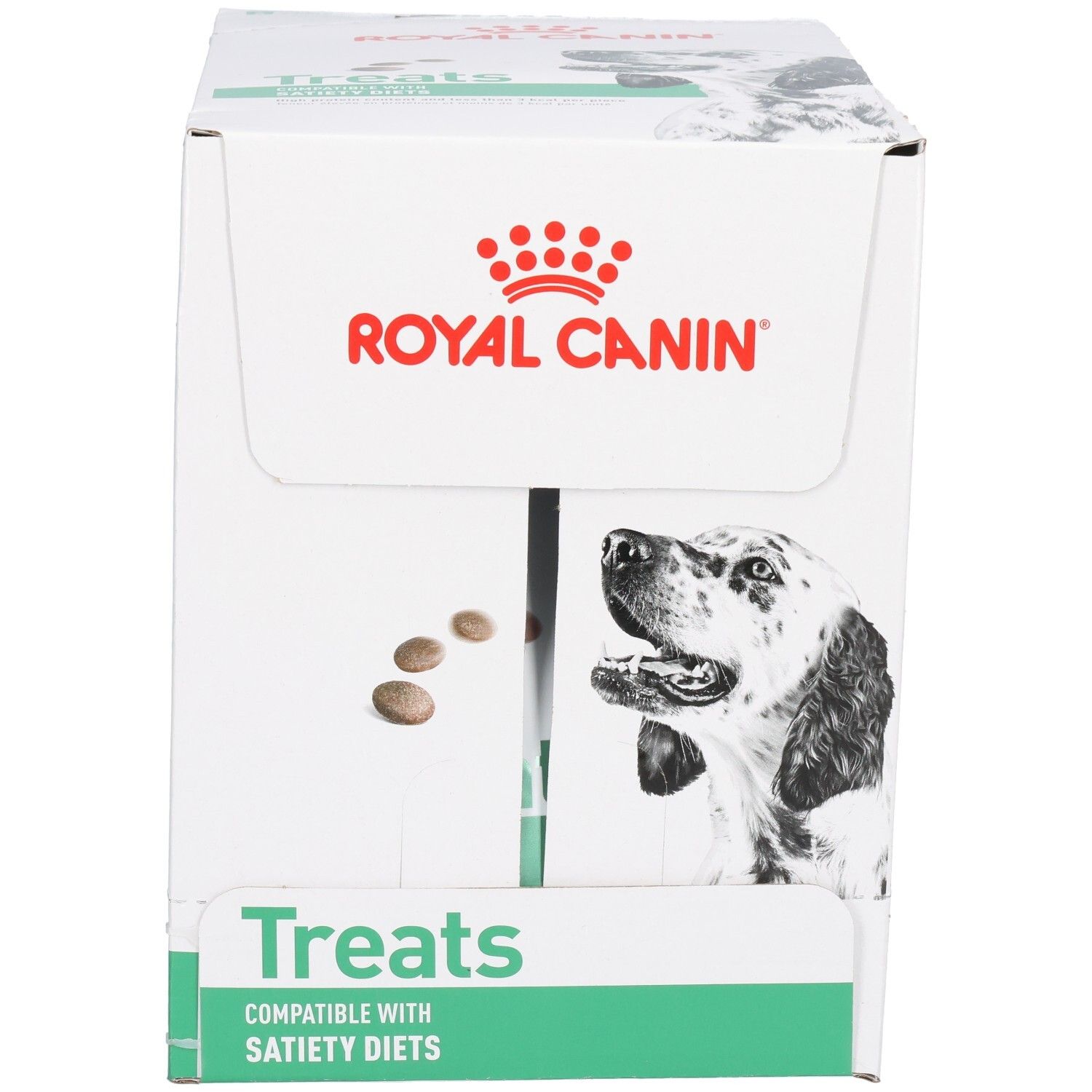 Royal Canin VET-D Treats Satiety Karton mit Hundebild und Produktinformationen.