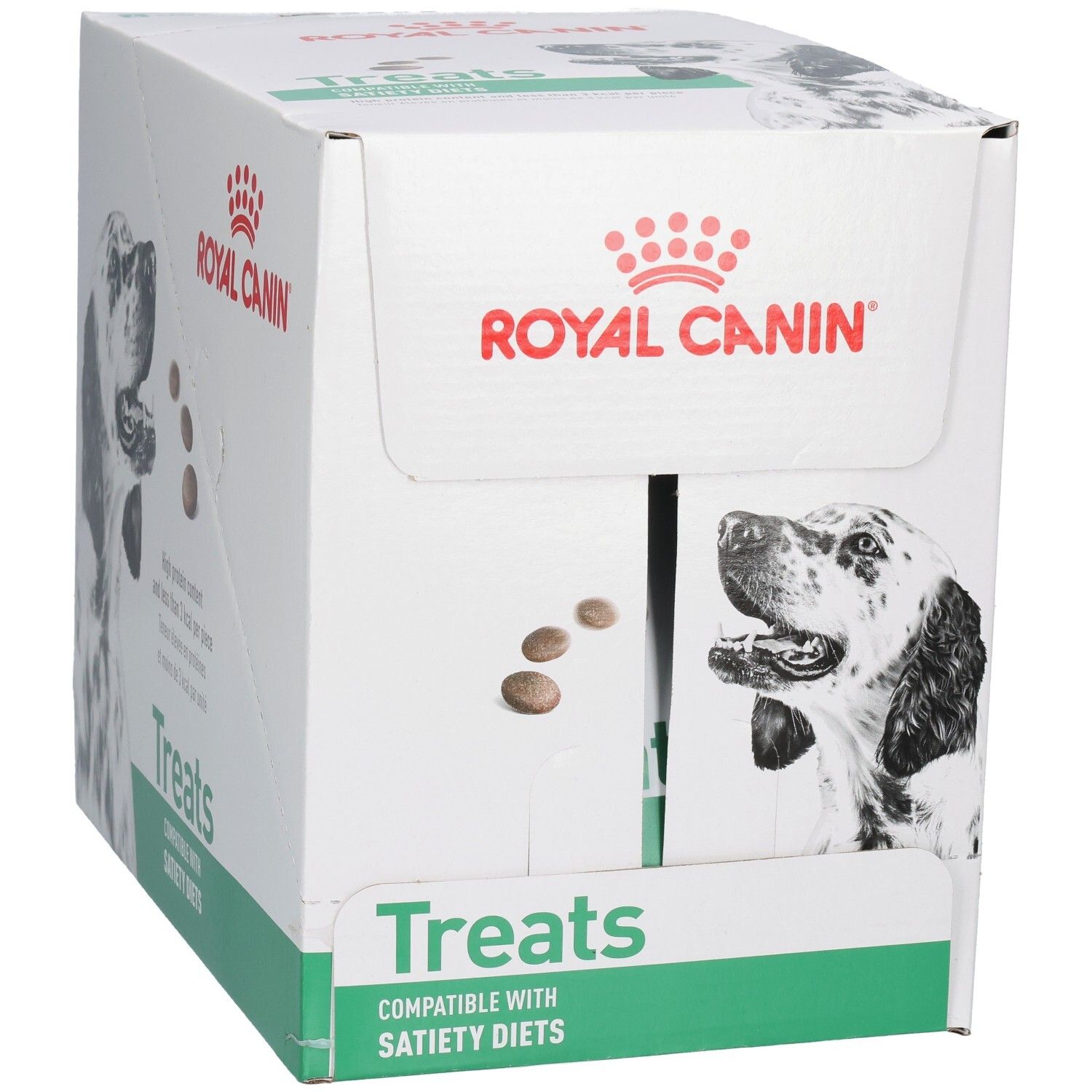 Royal Canin VET-D Treats Satiety Karton mit Hundebild und Produktinformationen.