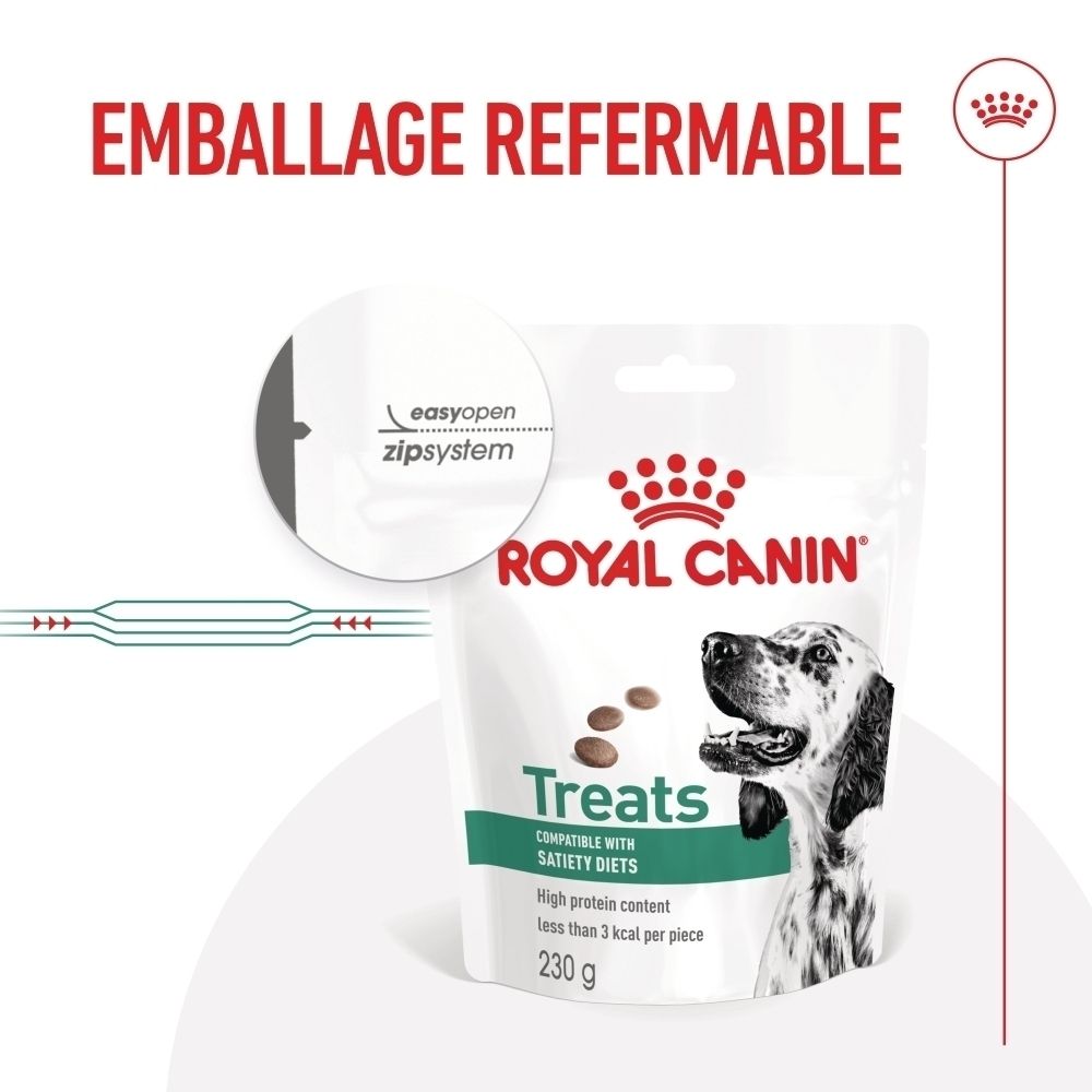 Royal Canin Hundeleckerli-Beutel, 230g, mit Zip-System und Hundebild.