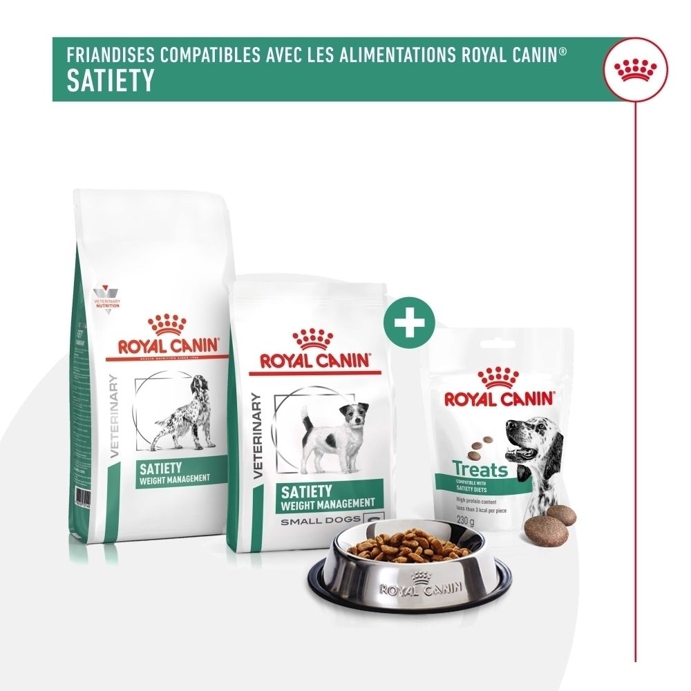 Royal Canin Satiety Hundefutter in verschiedenen Packungsgrößen und eine Schale mit Futter.