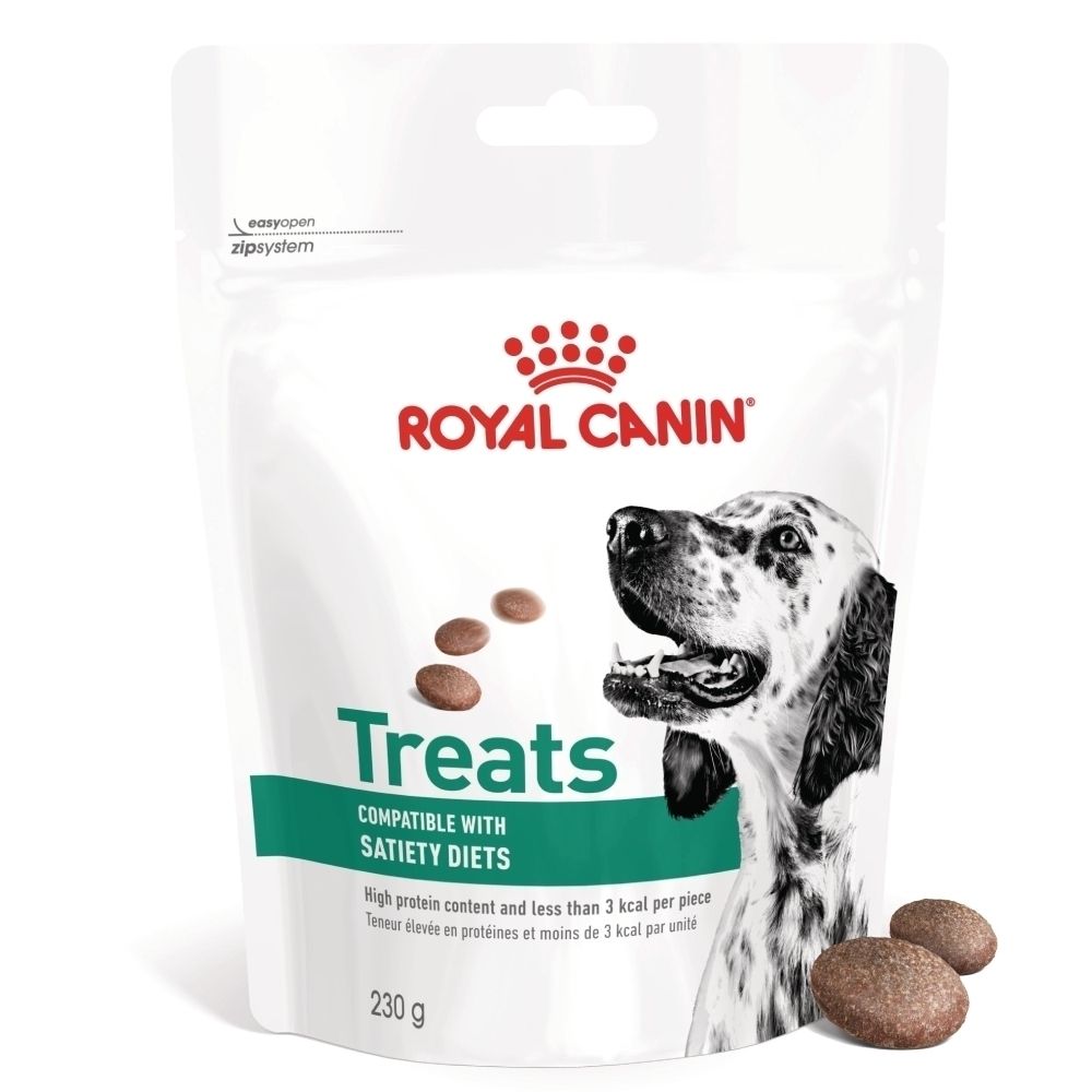 Royal Canin Hundeleckerli-Beutel, 230g, mit Hundebild und Leckerli-Symbolen.