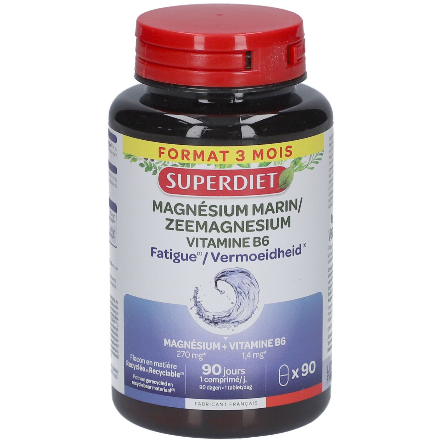 Braune Flasche mit rotem Deckel. Aufschrift: Superdiet Magnesium Zee Oorsprong + Vit B6. 90 Tabletten.