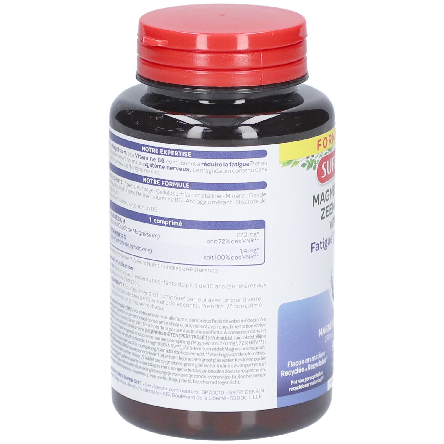 Rückseite der braunen Flasche mit rotem Deckel. Textinformationen und Inhaltsstoffe. Flasche enthält 90 Tabletten.