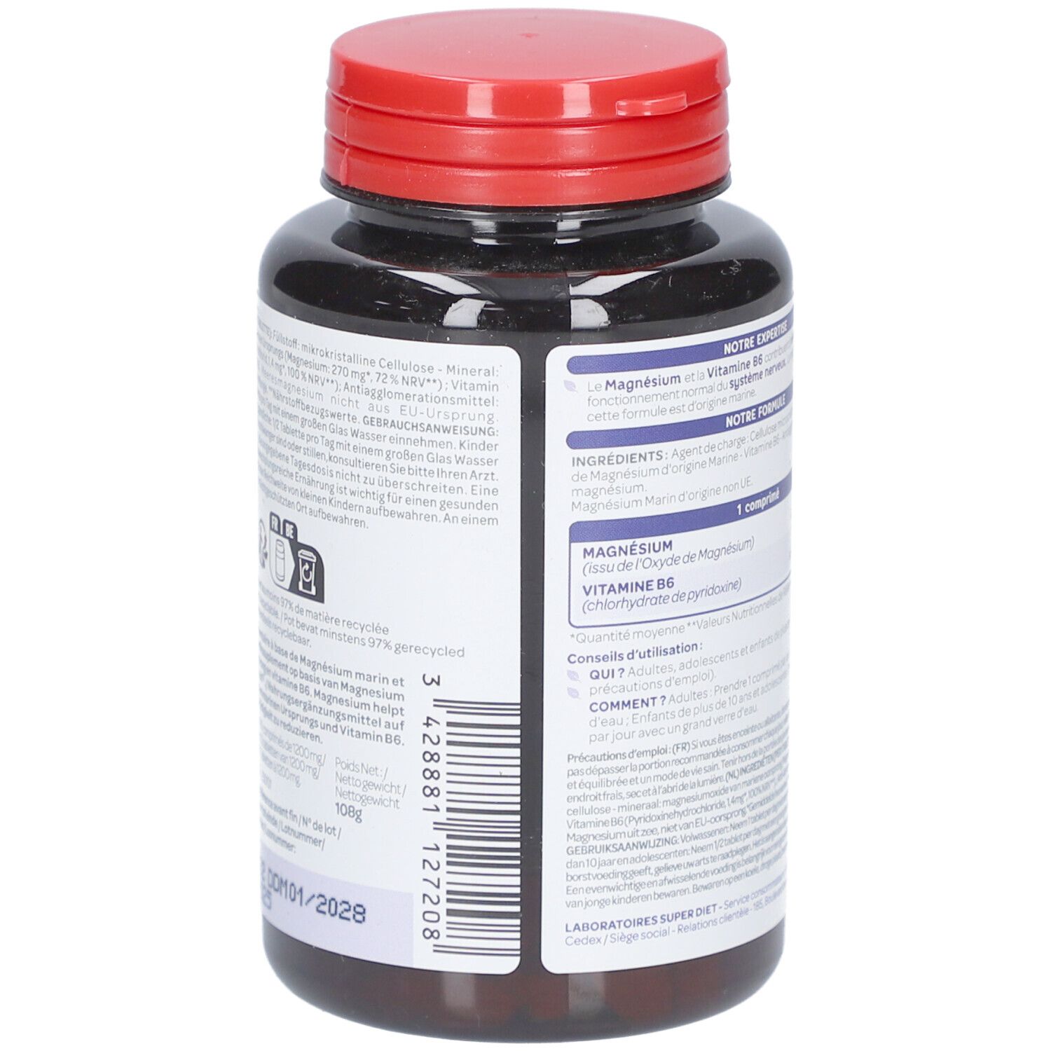 Rückseite der braunen Flasche mit rotem Deckel. Textinformationen und Inhaltsstoffe. Flasche enthält 90 Tabletten.