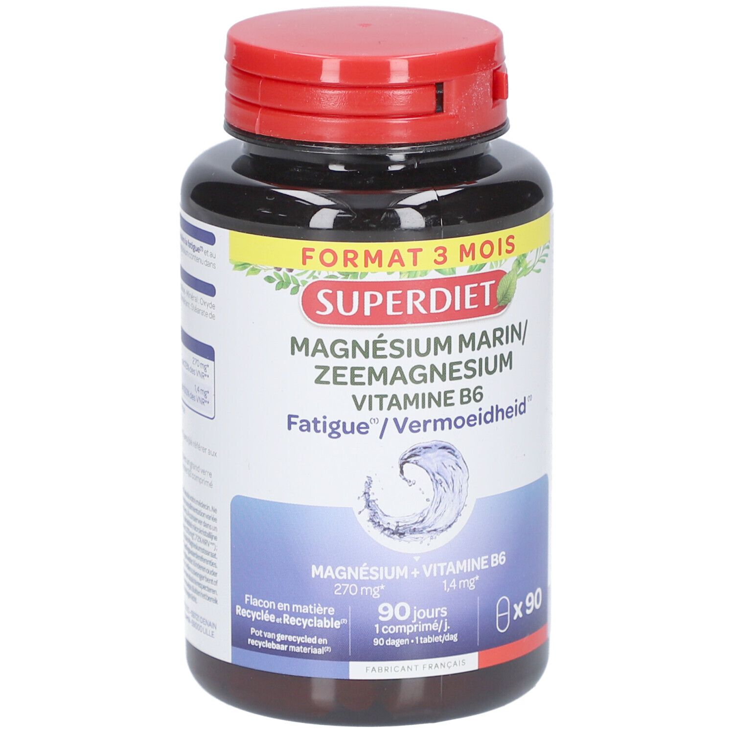 Braune Flasche mit rotem Deckel. Aufschrift: Superdiet Magnesium Zee Oorsprong + Vit B6. 90 Tabletten.