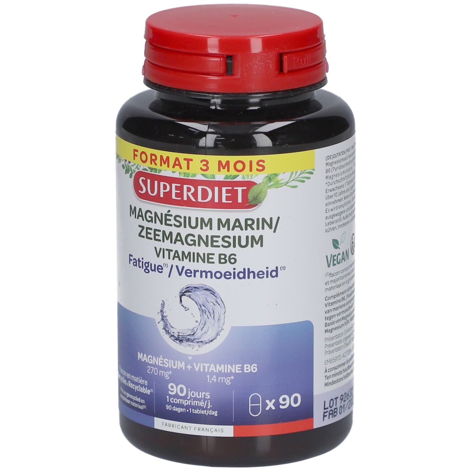 Braune Flasche mit rotem Deckel. Aufschrift: Superdiet Magnesium Zee Oorsprong + Vit B6. 90 Tabletten. Vegan.