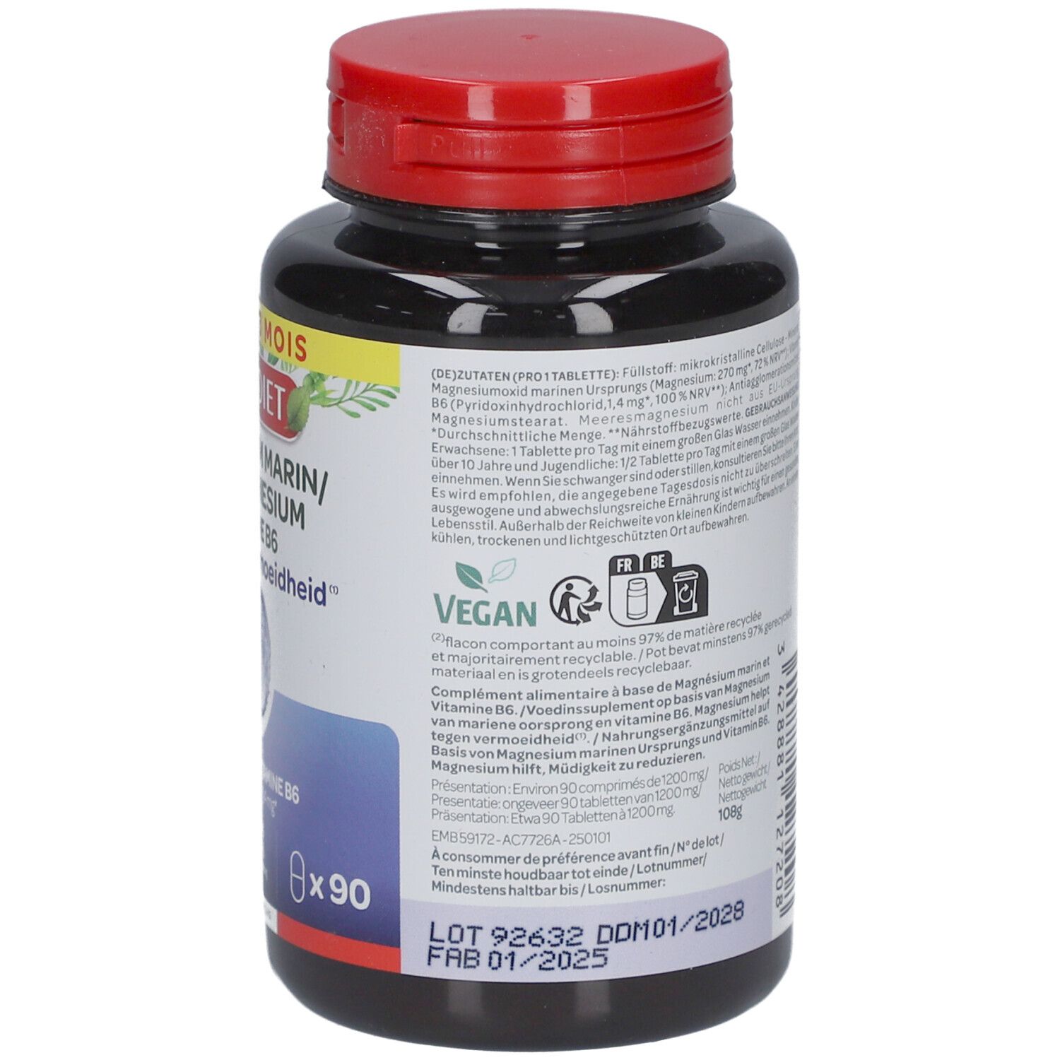 Rückseite der braunen Flasche mit rotem Deckel. Textinformationen, Inhaltsstoffe und Vegan-Siegel. 90 Tabletten.