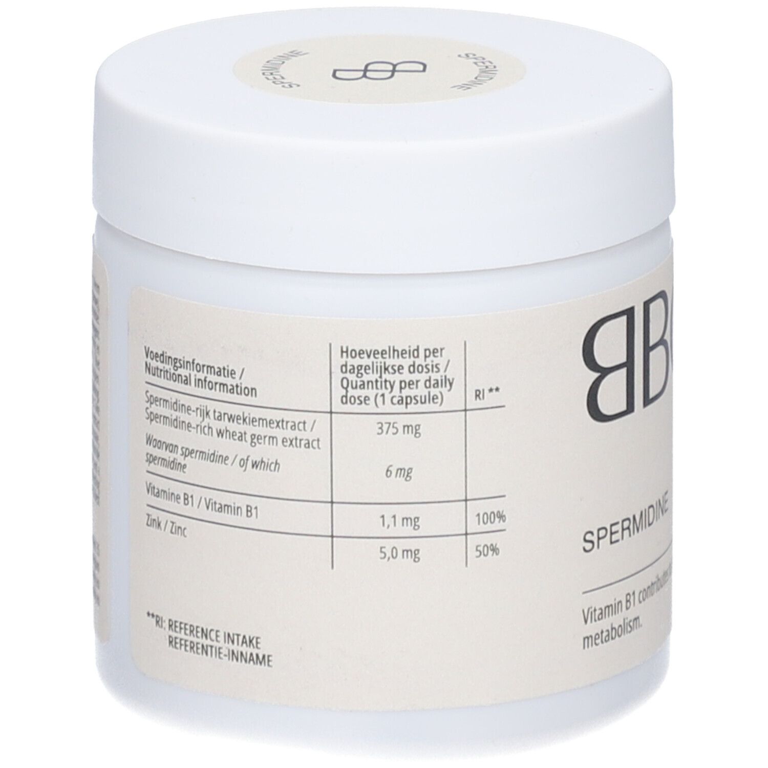 Weißes BBODY Spermidin-Behälter. Aufschrift: Spermidine, Vitamin B1. Nährwertangaben und Inhaltsstoffe.
