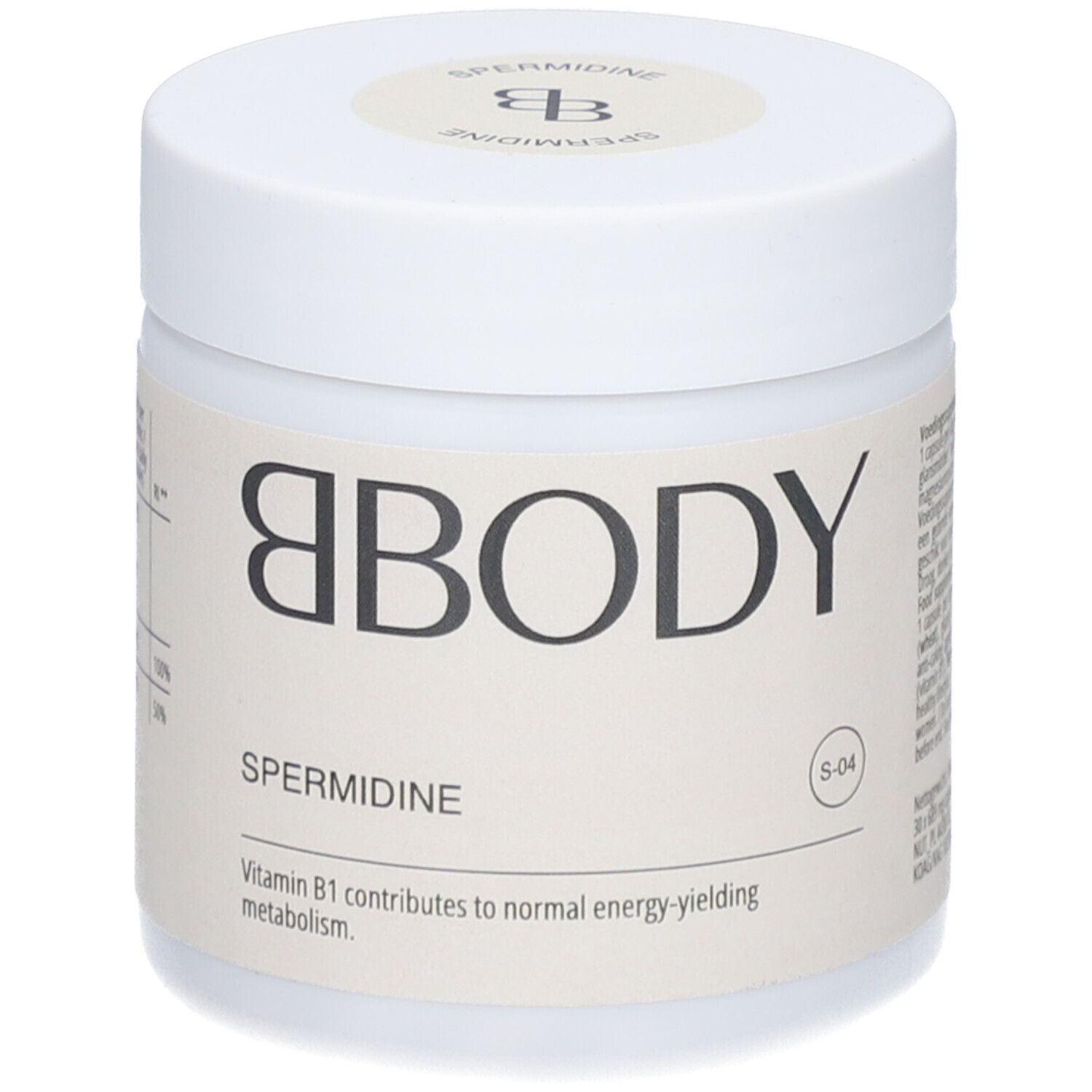 Weißer BBODY Spermidin-Behälter. Aufschrift: Spermidine, Vitamin B1. S-04-Kennzeichnung.