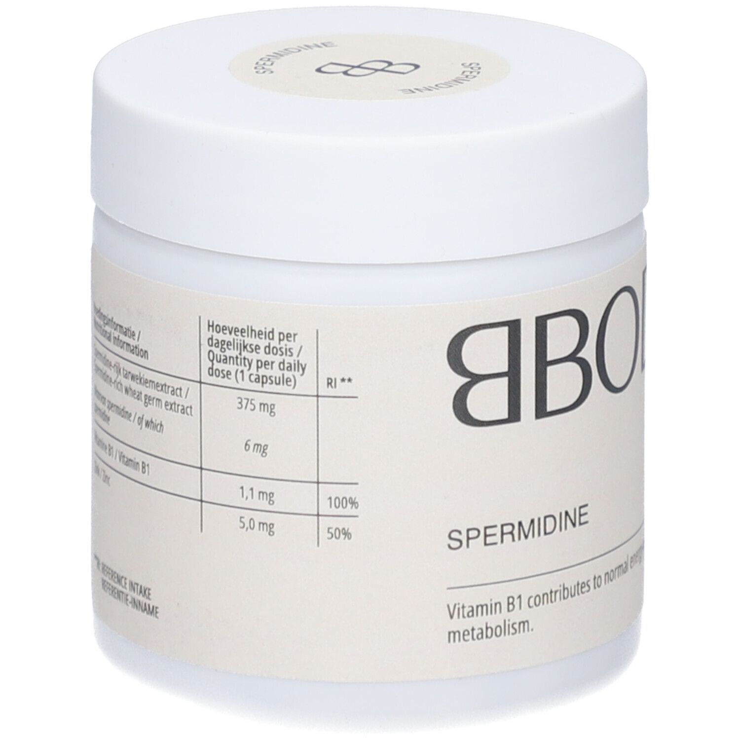 Weißer BBODY Spermidin-Behälter. Aufschrift: Spermidine, Vitamin B1. Nährwertangaben und Inhaltsstoffe.