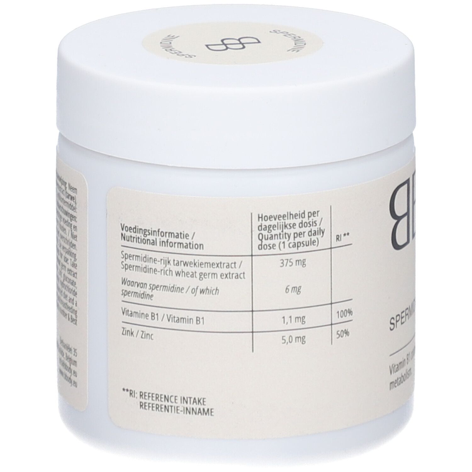 Weißer BBODY Spermidin-Behälter. Aufschrift: Spermidine, Vitamin B1. Nährwertangaben und Inhaltsstoffe.