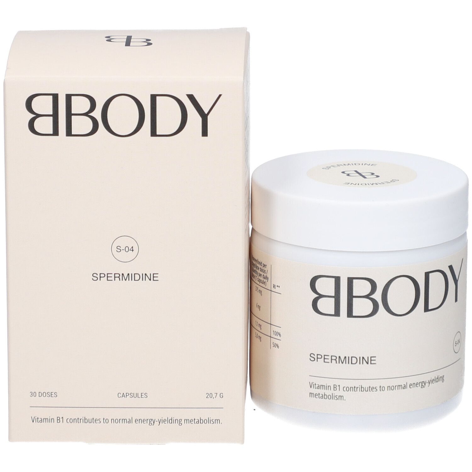BBODY Spermidin-Behälter und -Schachtel. Aufschrift: Spermidine, 30 Kapseln, Vitamin B1. S-04-Kennzeichnung.