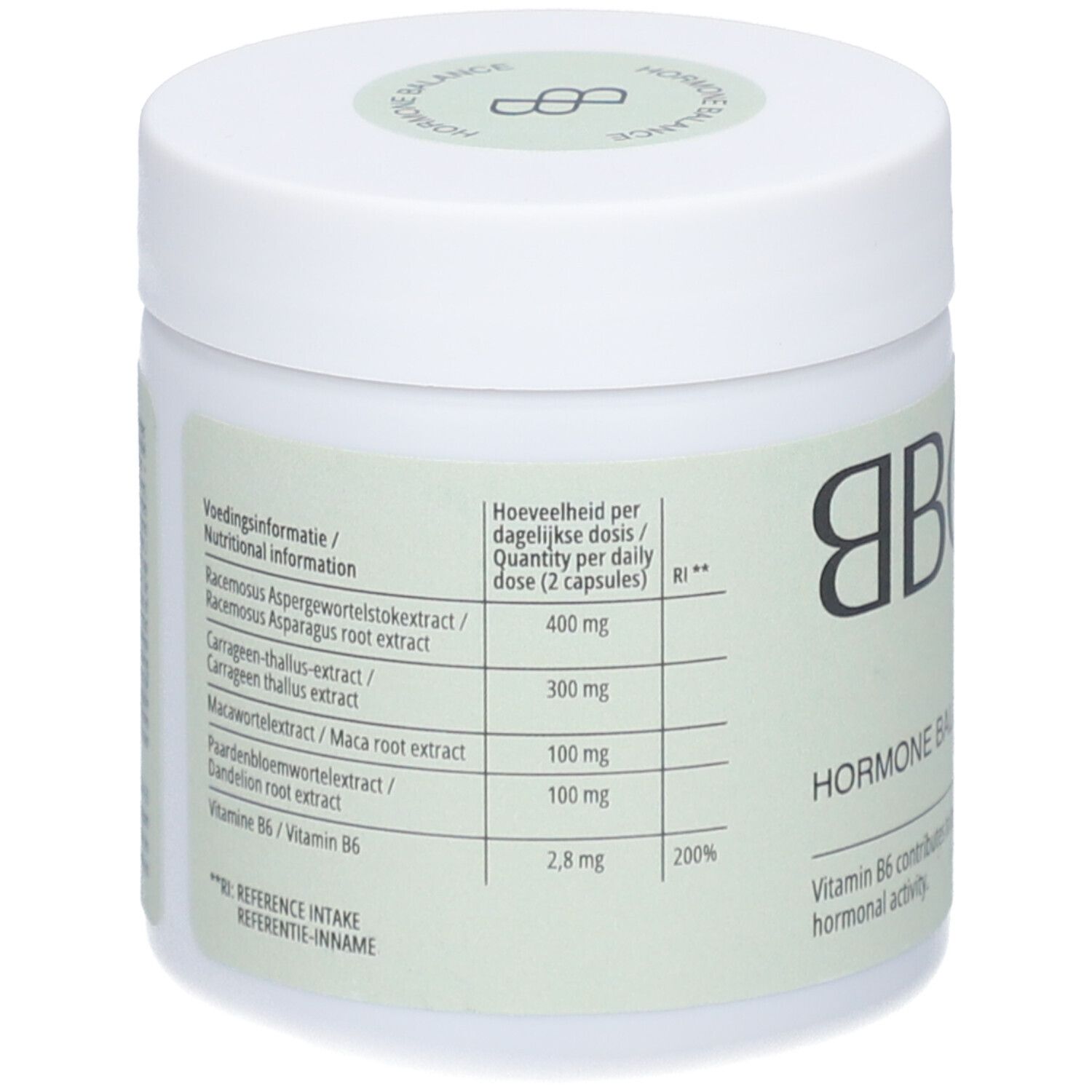 Weißes Produktglas mit Deckel. Aufschrift: BBODY Hormonhaushalt. Inhaltsstofftabelle.