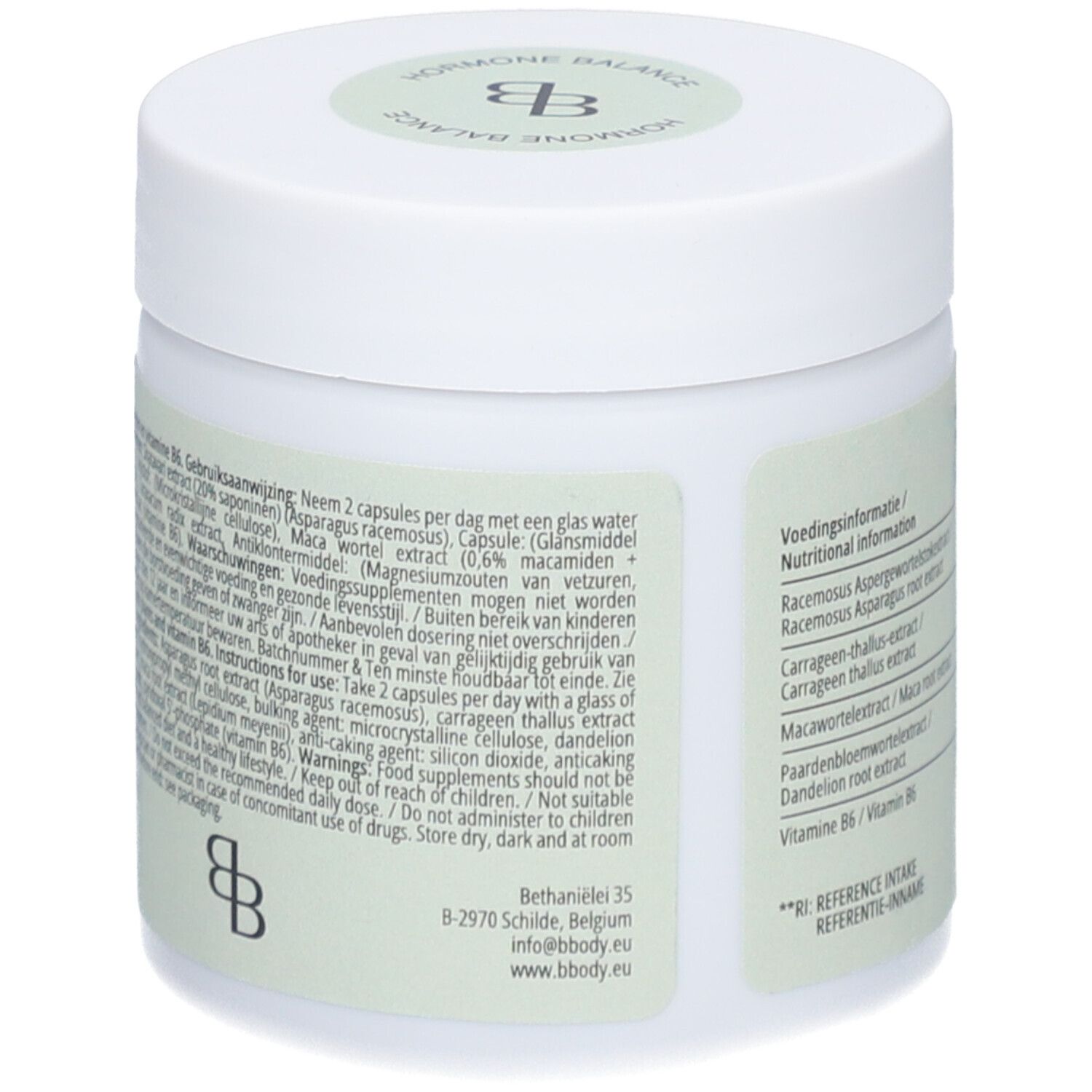 Weißes Produktglas mit Deckel. Aufschrift: BBODY Hormonhaushalt. Text mit Gebrauchsanweisung.