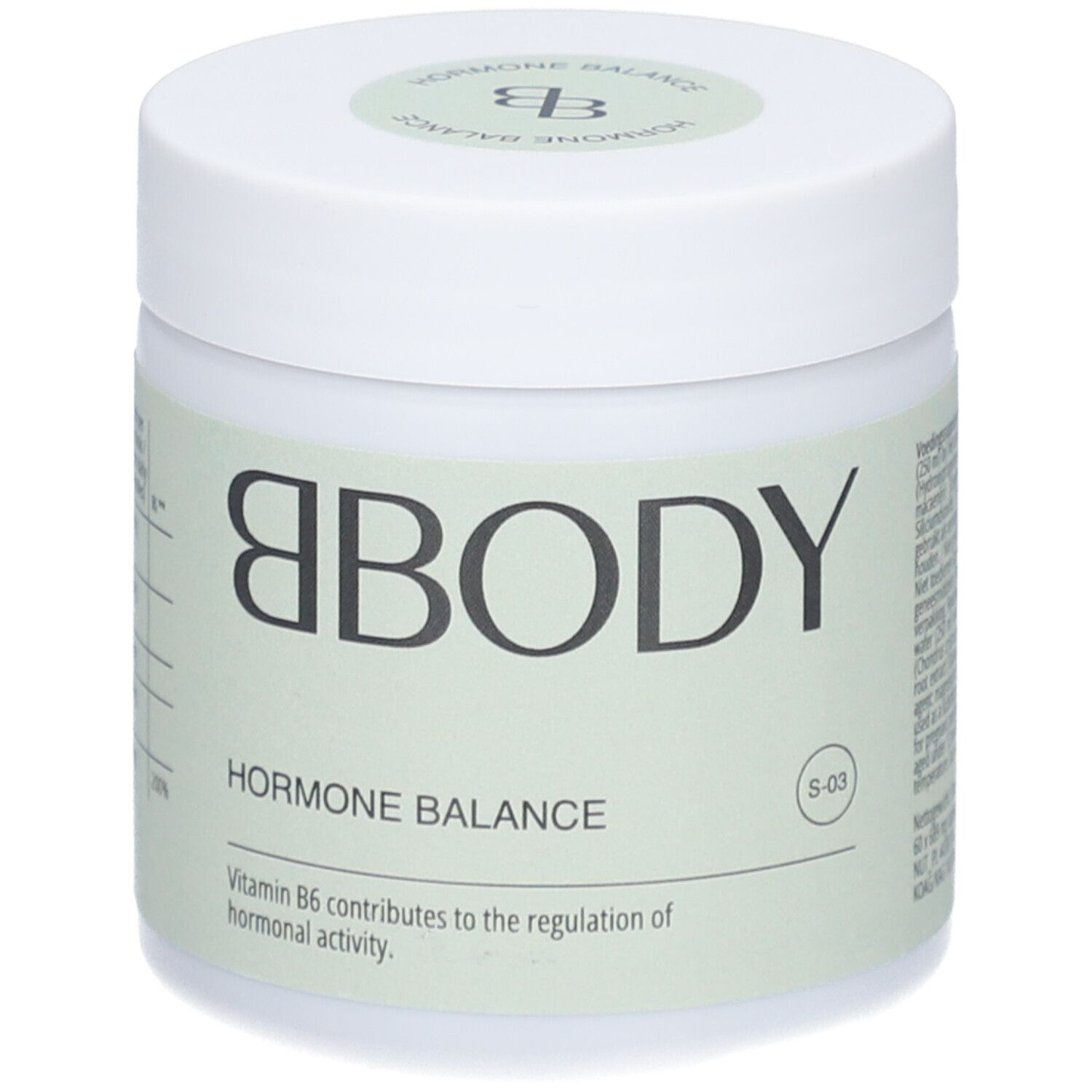 Weißes Produktglas mit Deckel. Aufschrift: BBODY Hormonhaushalt. Vitamin B6.