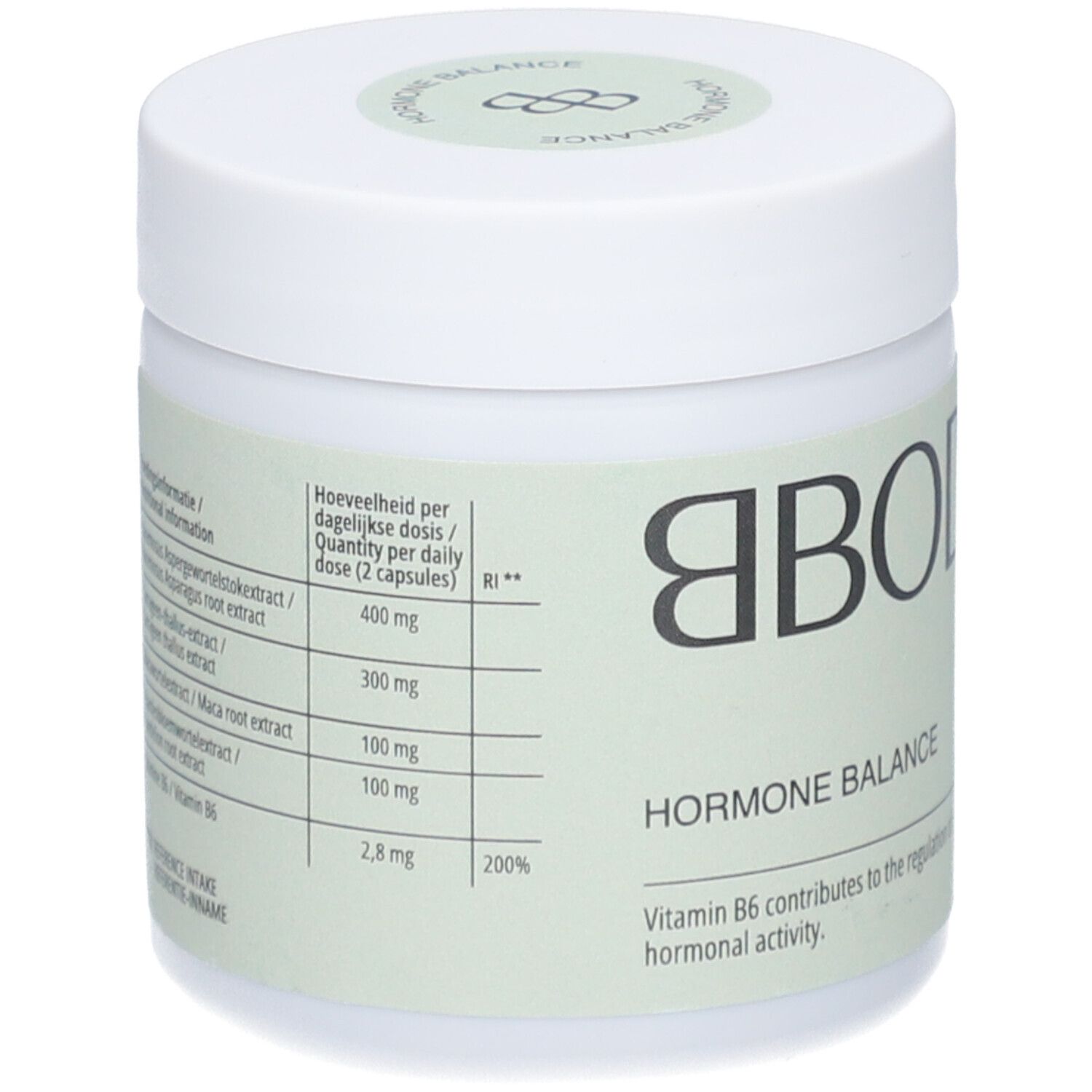 Weißes Produktglas mit Deckel. Aufschrift: BBODY Hormonhaushalt. Inhaltsstofftabelle.