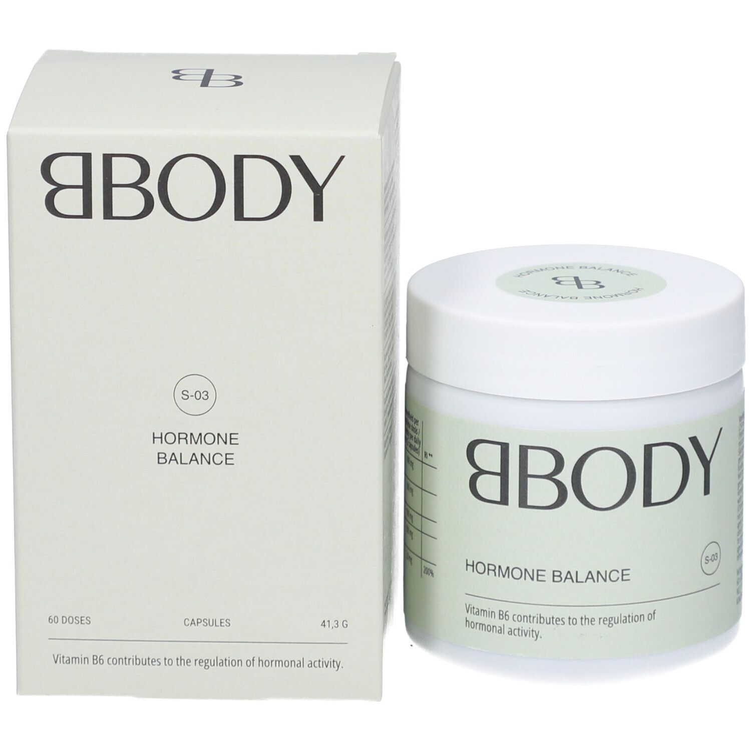 Produktglas und -verpackung. Aufschrift: BBODY Hormonhaushalt. 60 Kapseln, 41,3g.