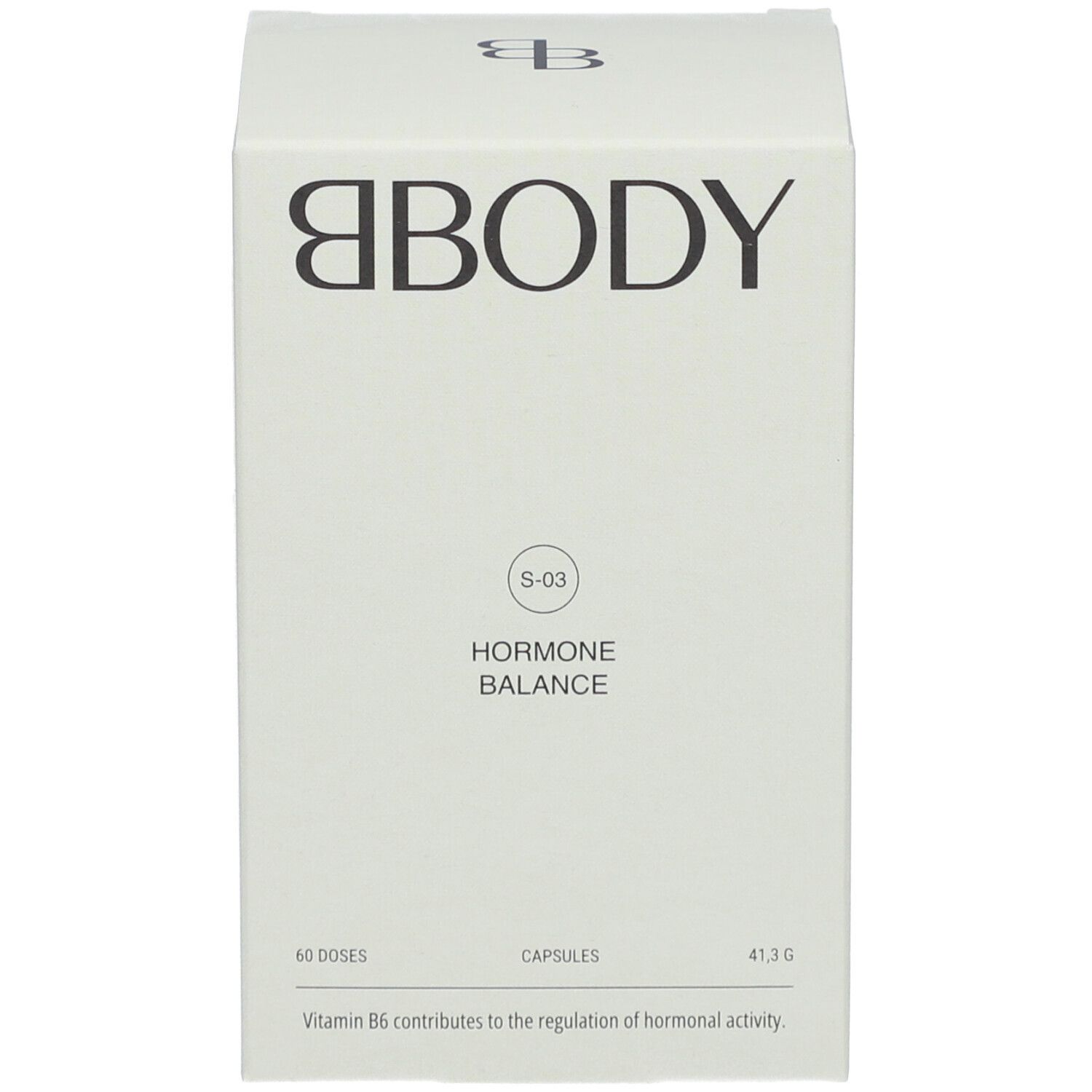 Produktverpackung. Aufschrift: BBODY Hormonhaushalt. 60 Dosen, 41,3g.