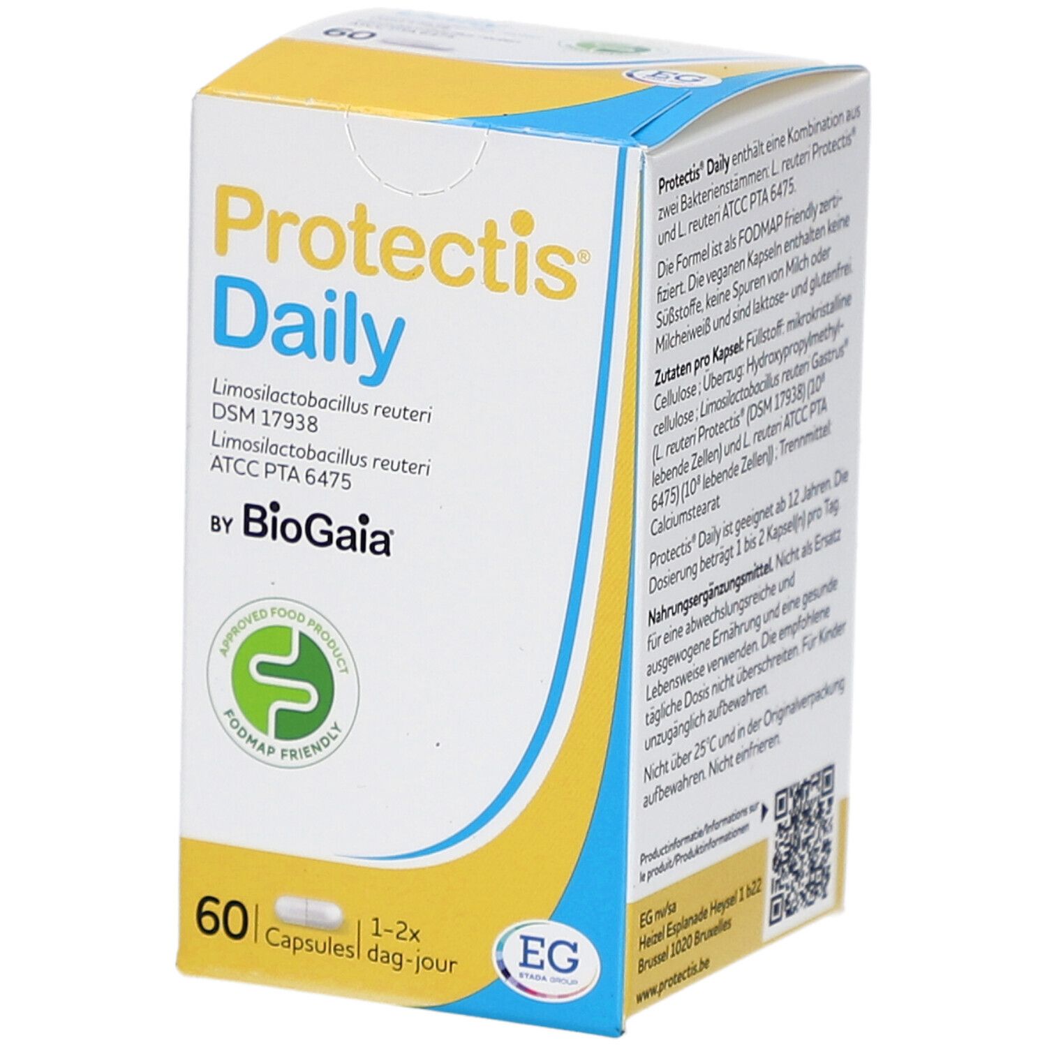 Schachtel mit Protectis Daily. 60 Kapseln. Logo: Approved Food Product, FODMAP friendly. Blaue und gelbe Akzente.