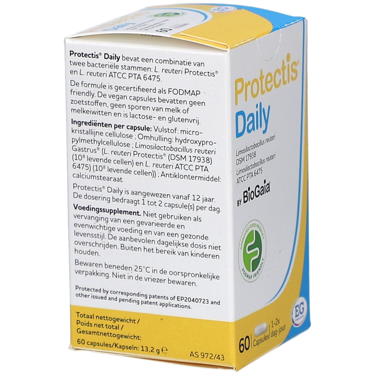 Rückseite der Protectis Daily Schachtel. Text in Deutsch, Französisch, Niederländisch. 60 Kapseln. Logo: FODMAP friendly.