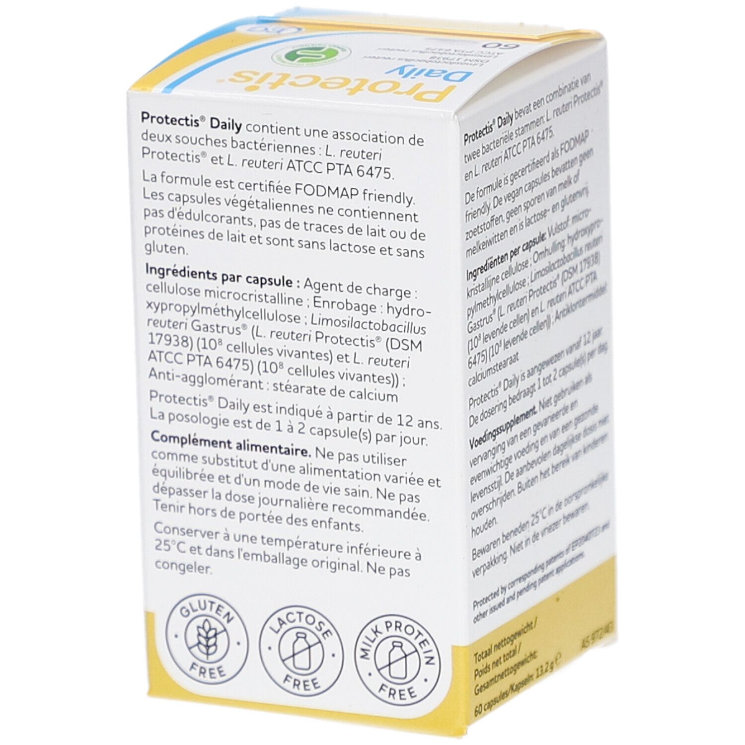 Rückseite der Protectis Daily Schachtel. Text in Deutsch, Französisch, Niederländisch. Logos: Glutenfrei, Laktosefrei, Milchproteinfrei.