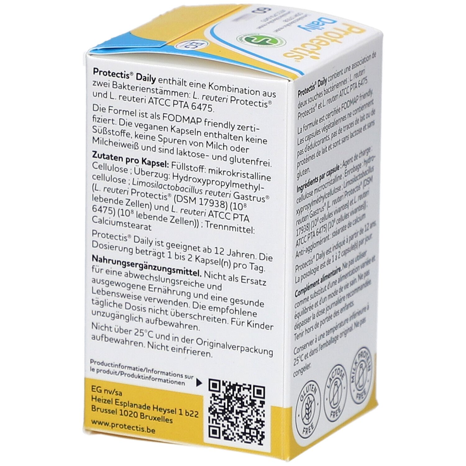Protectis Daily Schachtel. Text in Deutsch, Französisch, Niederländisch. QR-Code. Logos: Glutenfrei, Laktosefrei, Milchproteinfrei.