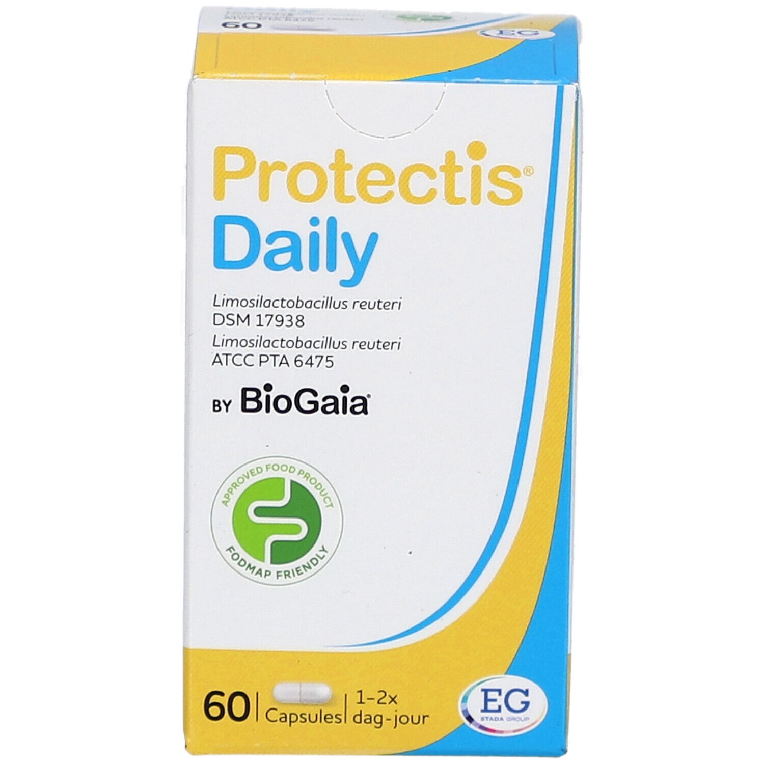 Protectis Daily Schachtel. 60 Kapseln. Logo: Approved Food Product, FODMAP friendly. Blaue und gelbe Akzente.