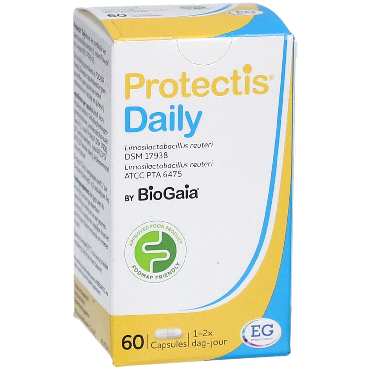 Protectis Daily Schachtel. 60 Kapseln. Logo: Approved Food Product, FODMAP friendly. Blaue und gelbe Akzente.