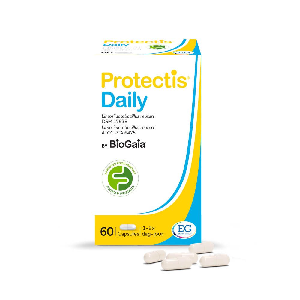 Emballage Protectis Daily avec gélules. 60 gélules. Logo: Approved Food Product, FODMAP friendly. Gélules à côté.