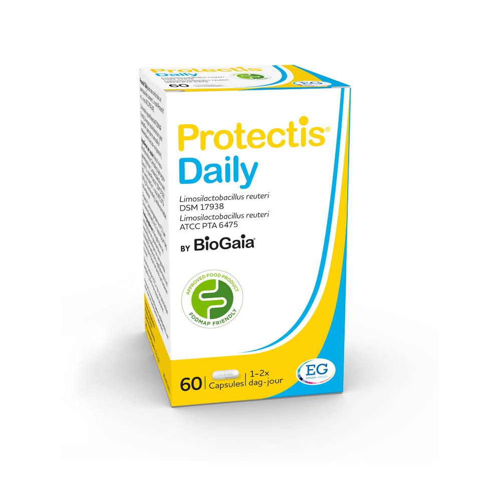 Emballage Protectis Daily avec gélules. 60 gélules. Logo: Approved Food Product, FODMAP friendly. Gélules à côté.