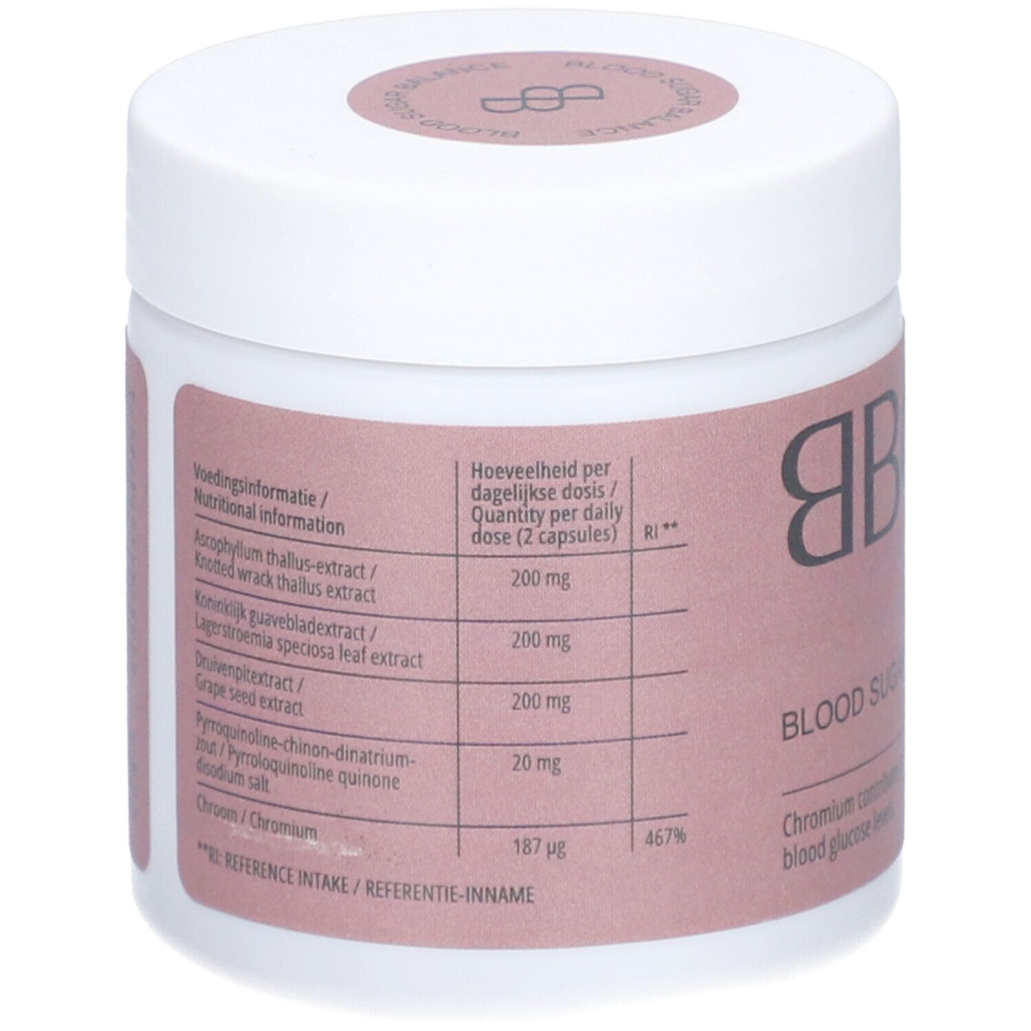 Weiße Dose mit rosa Etikett. BBODY-Logo und Schriftzug 'Blood Sugar Balance'. Enthält Inhaltsstoffangaben.
