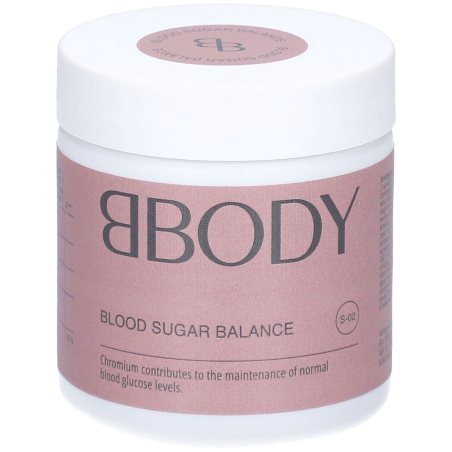 Weiße Dose mit rosa Etikett. BBODY-Logo und Schriftzug 'Blood Sugar Balance'. Enthält Text über Chrom.