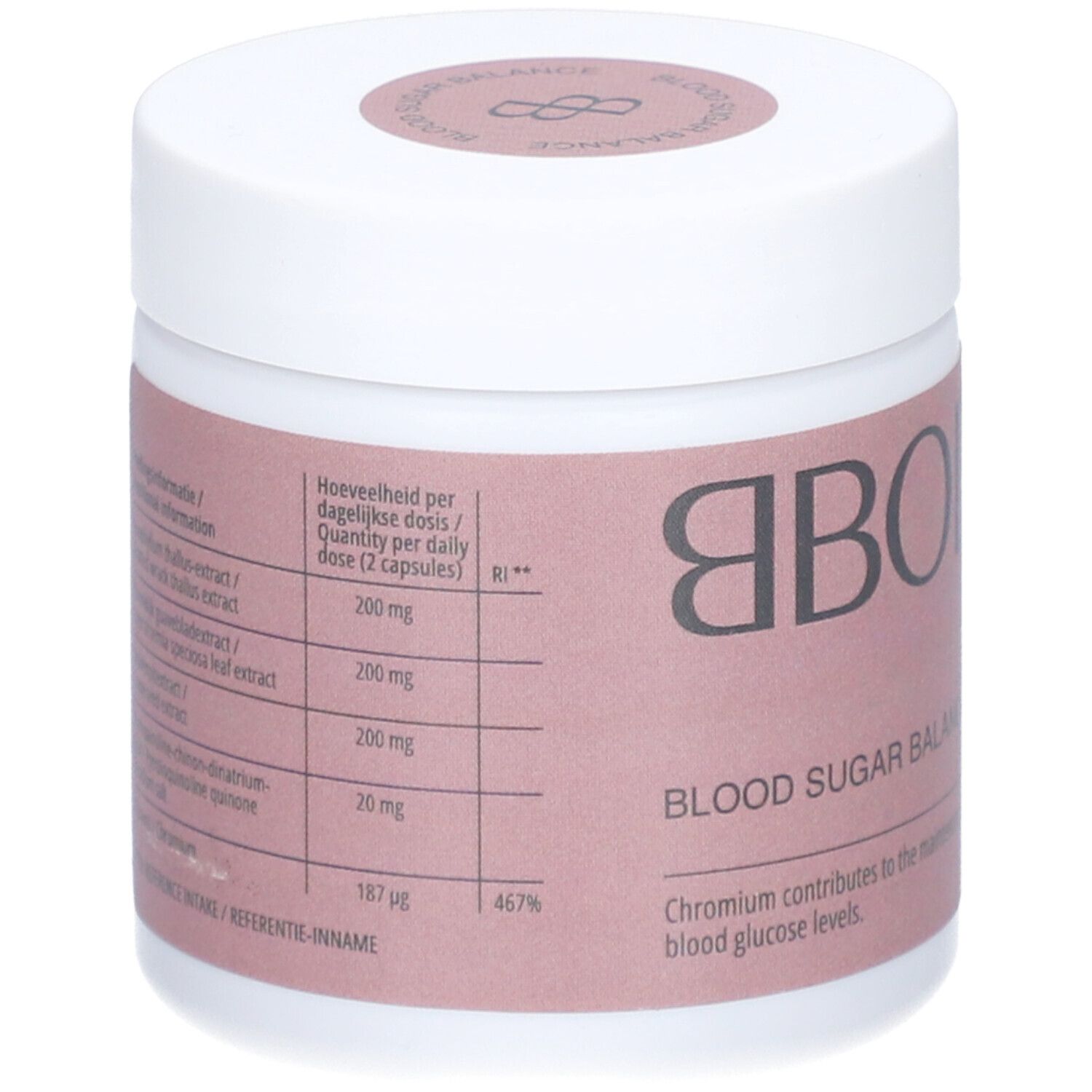 Weiße Dose mit rosa Etikett. BBODY-Logo und Schriftzug 'Blood Sugar Balance'. Enthält Inhaltsstoffangaben.
