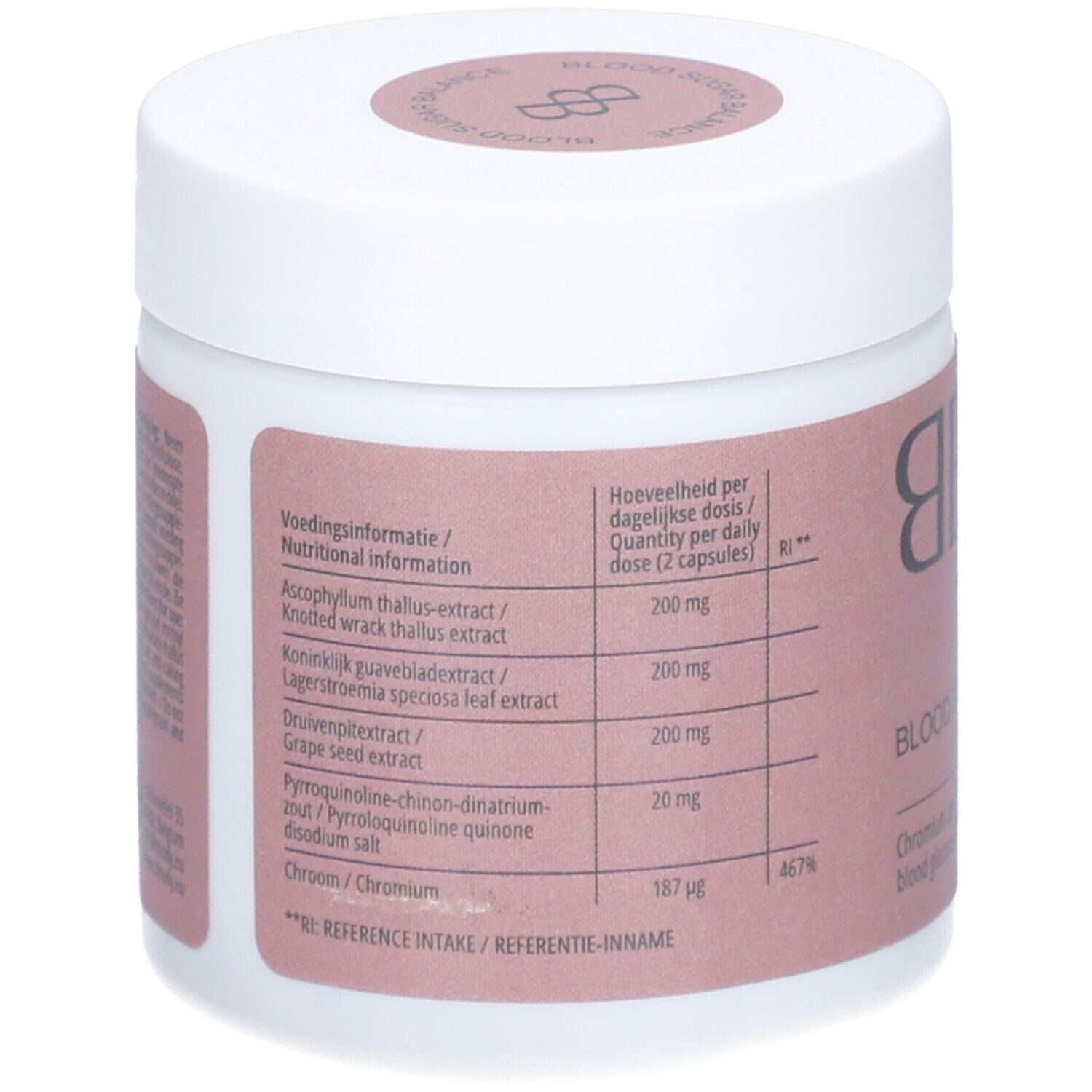 Weiße Dose mit rosa Etikett. Enthält Inhaltsstoffangaben und Dosierung. BBODY-Logo und Schriftzug 'Blood Sugar Balance'.