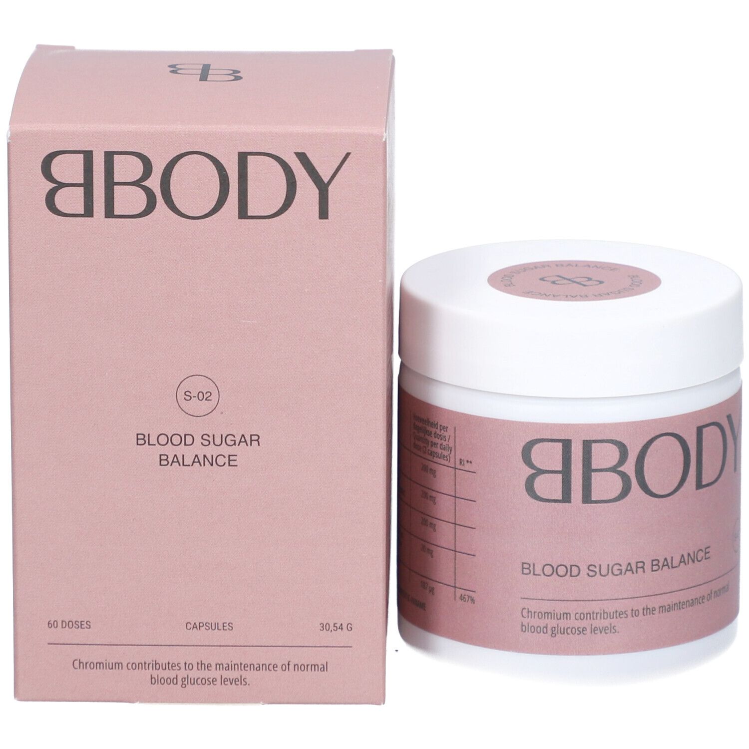 Produktpackung mit Dose und Karton. Dose: weiß mit rosa Etikett. Karton: rosa mit BBODY-Logo und Produktname.