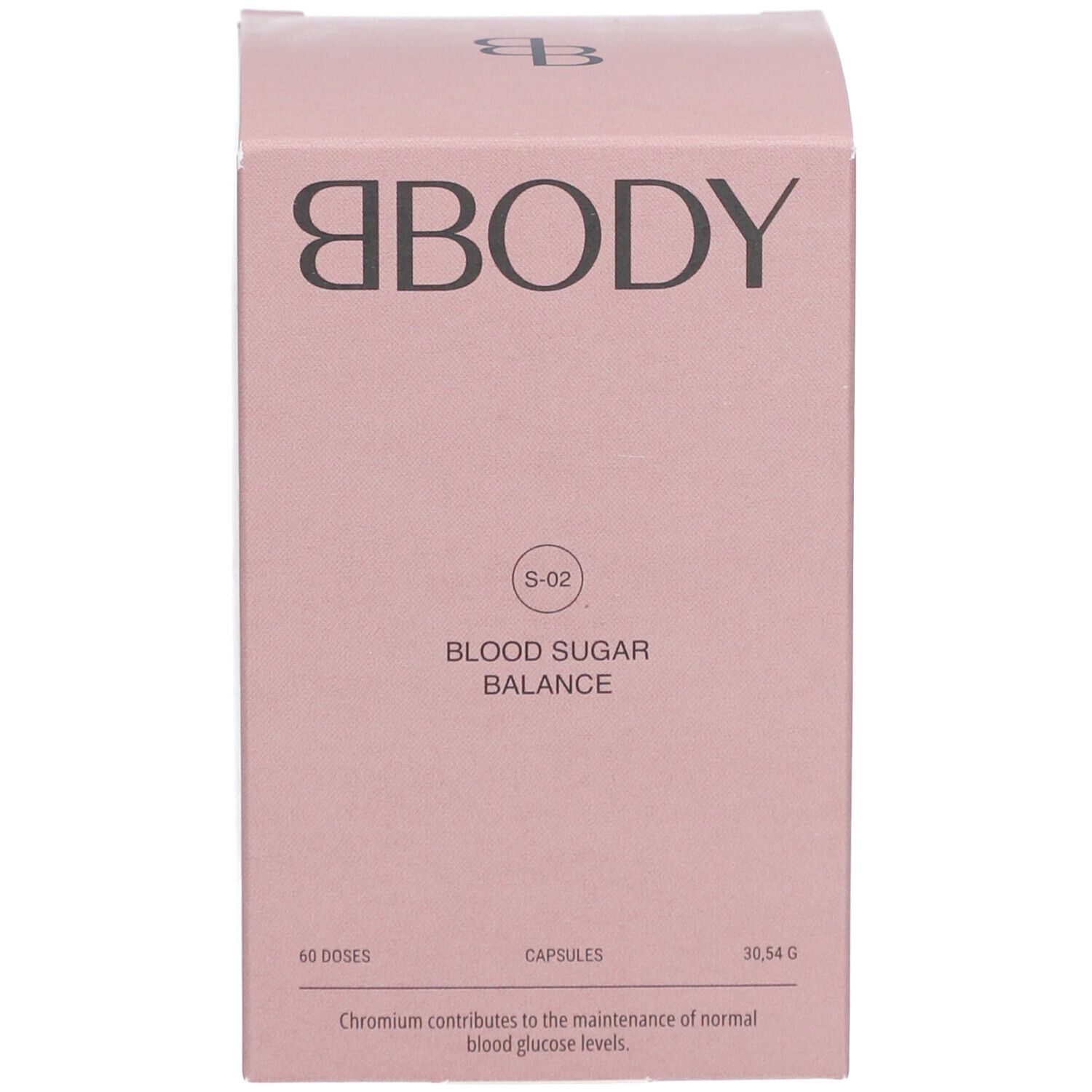 Rosa Karton mit BBODY-Logo und Schriftzug 'Blood Sugar Balance'. Enthält Text über Chrom und Kapseln.