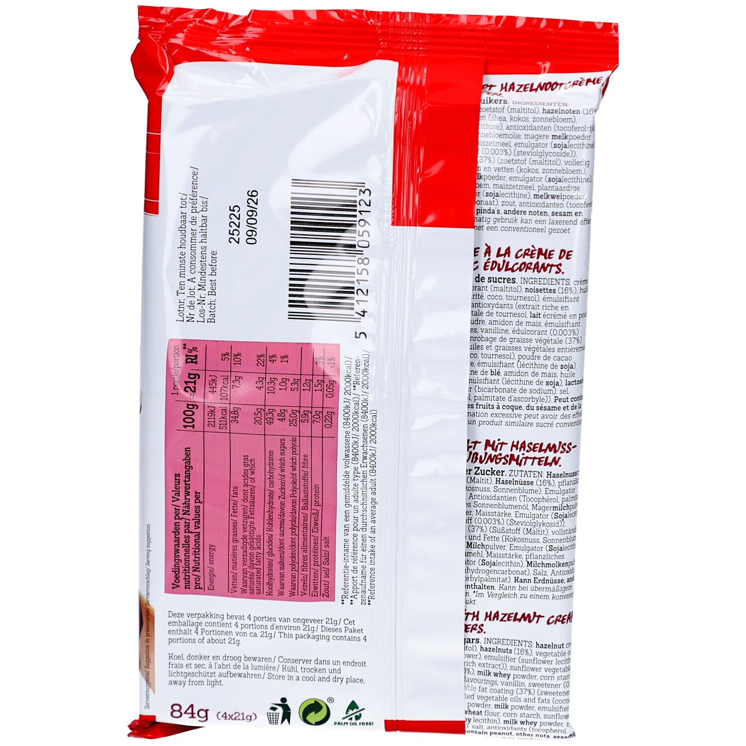 Verpackung von Damhert Dolci Bar. Rückseite mit Nährwertangaben, Barcode und Mindesthaltbarkeitsdatum. Rote und weiße Verpackung.