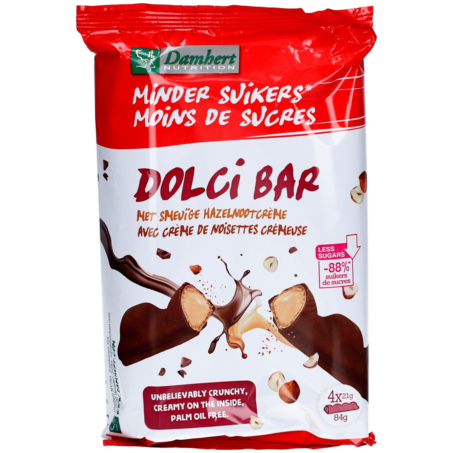 Damhert Dolci Bar-Packung. Rote Verpackung mit Produktnamen und Abbildung von Schokoriegeln. Enthält 4 Riegel.