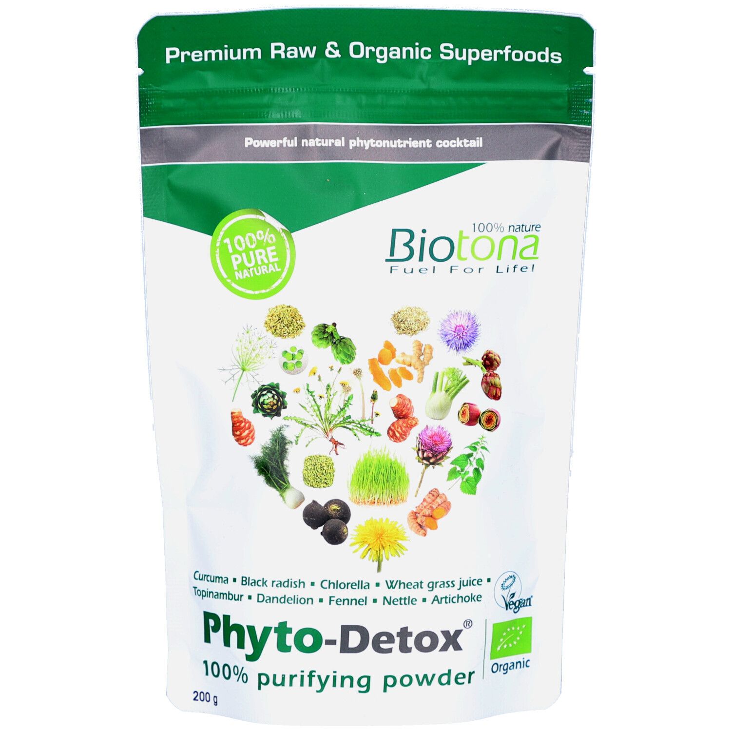 Beutel mit Biotona Phyto-Detox Pulver. Grün-weiße Verpackung mit Logo, Zutaten-Illustrationen und Text. 100% reines Naturprodukt.