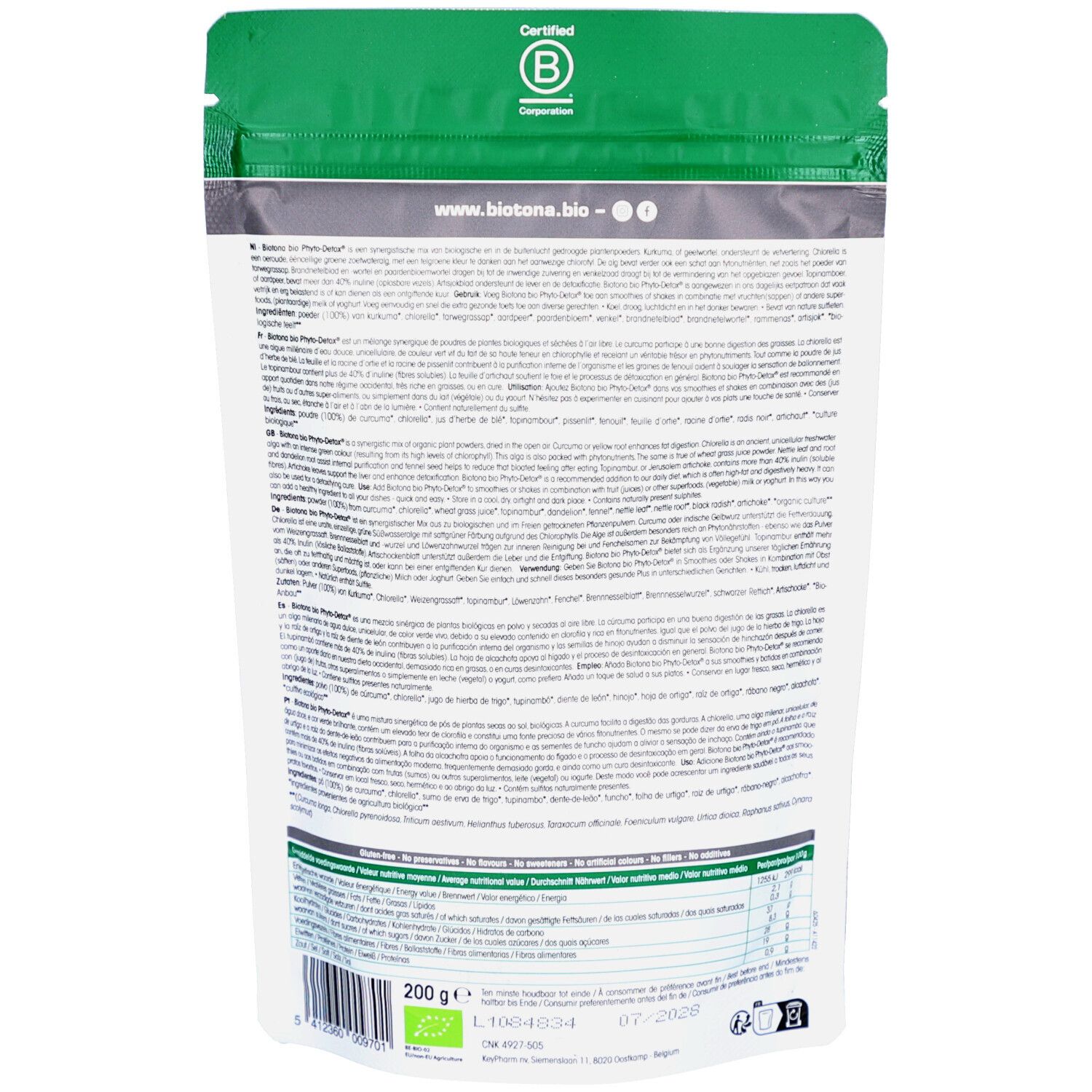 Rückseite des Biotona Phyto-Detox Beutels. Text in mehreren Sprachen, Bio-Siegel, Gewicht 200g. Zertifiziertes B Corporation-Logo.