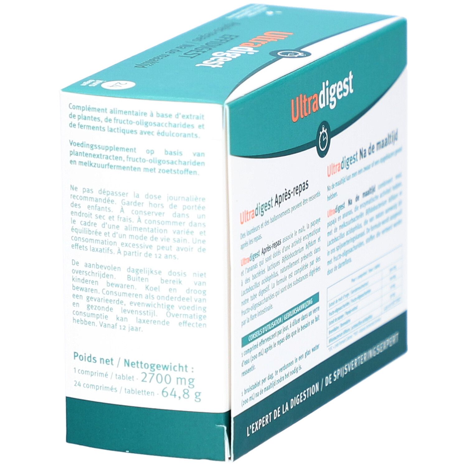 Rückseite der UltraDigest Effidigest Après-Repas Verpackung. Textinformationen, Inhaltsstoffe und Warnhinweise.